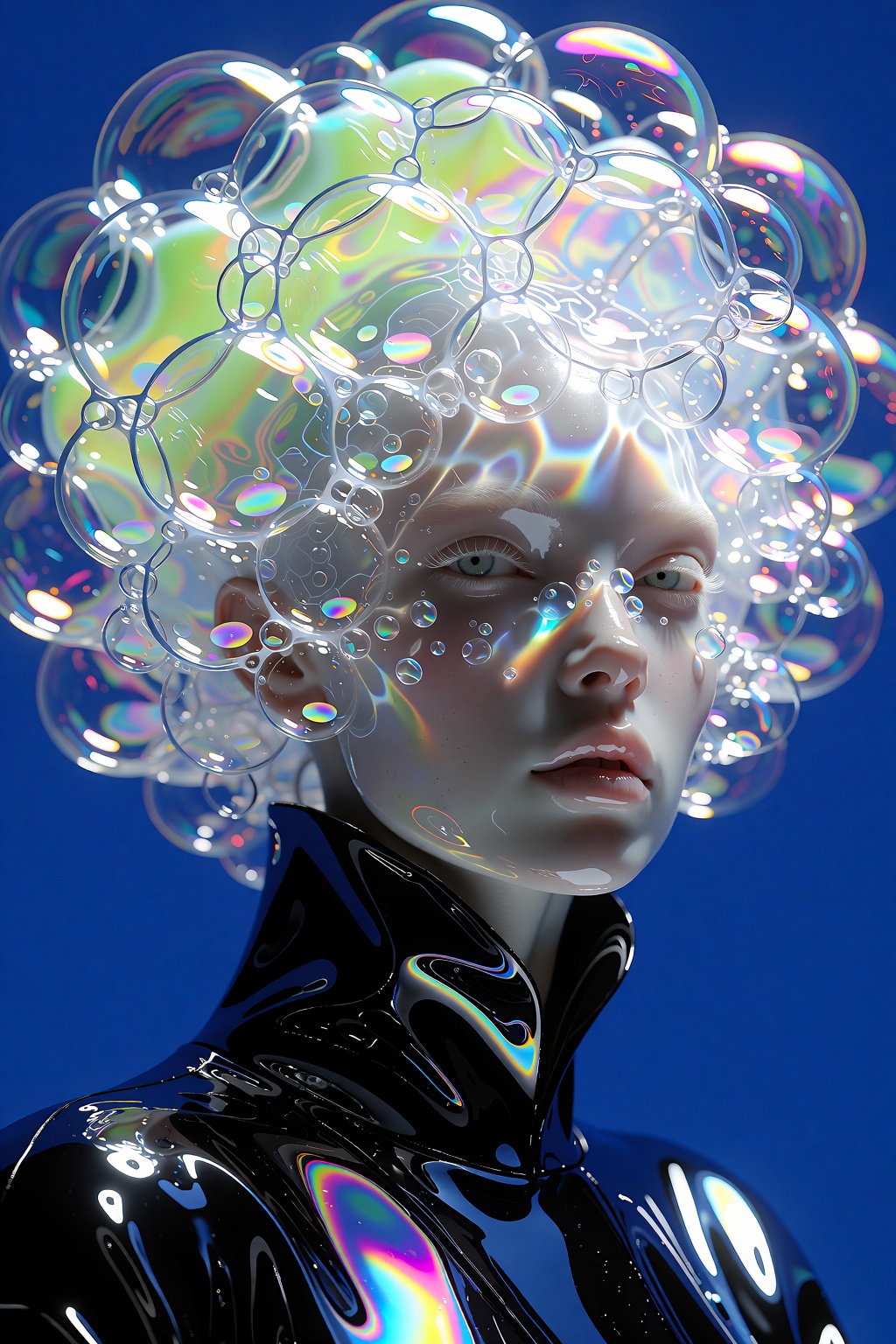 [SUBJECT & COMPOSITION] A breathtaking neofuturistic portrait of an ethereal,  gender-neutral figure,  captured in a cente...
