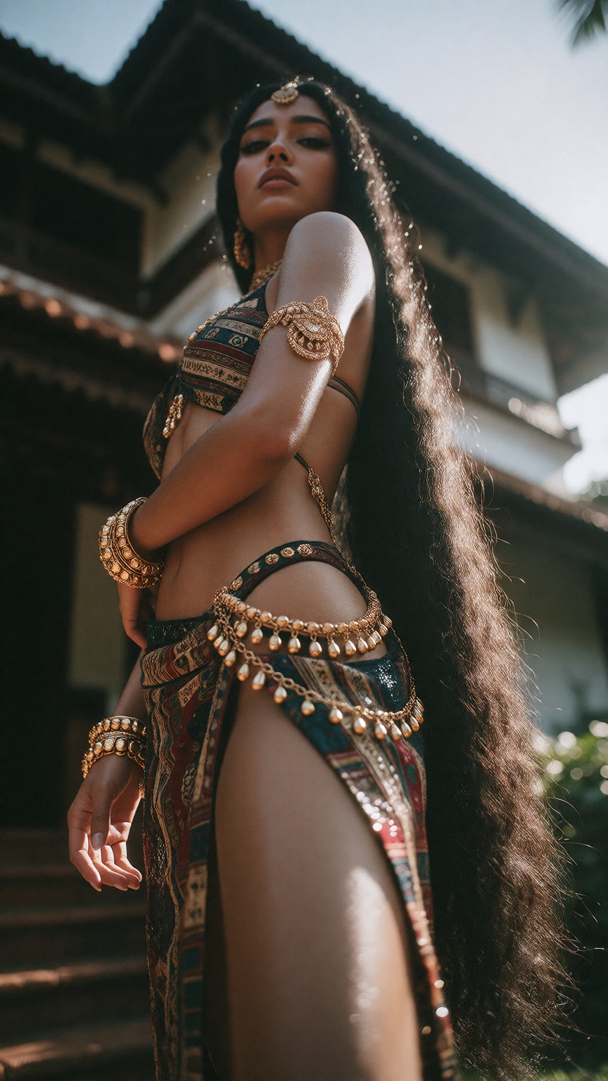 A low angle shot captures a Mallu pale skin woman with an hourglass figure and perfect body structure,  standing in a sedu...