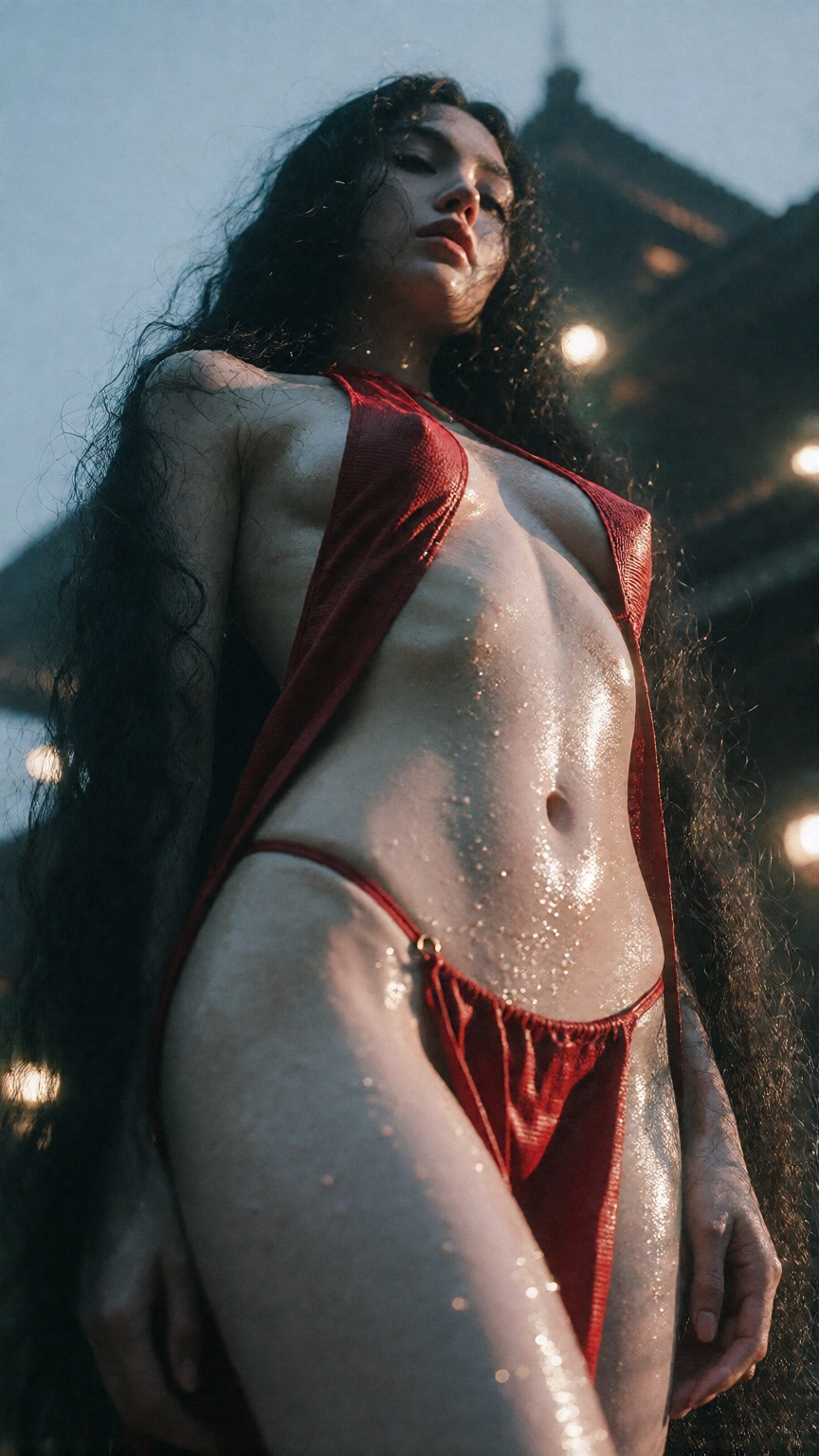 Low-angle worm’s-eye view looking upward at a tall transwoman with male body structure and feminine presentation standing...