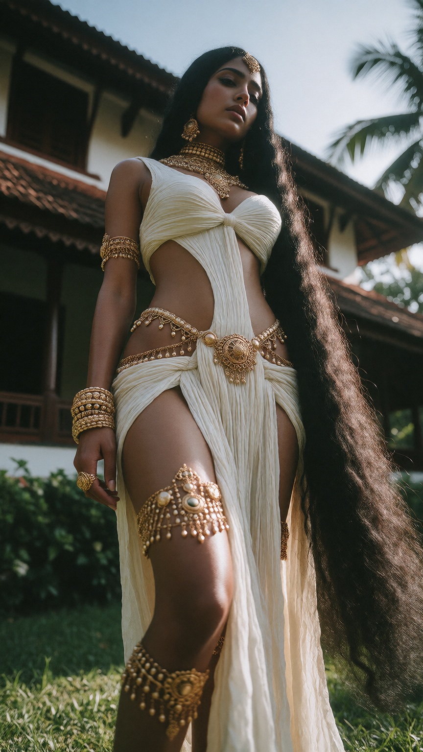 A low angle shot captures a Mallu woman with an hourglass figure and perfect body structure,  standing in a seductive pose...