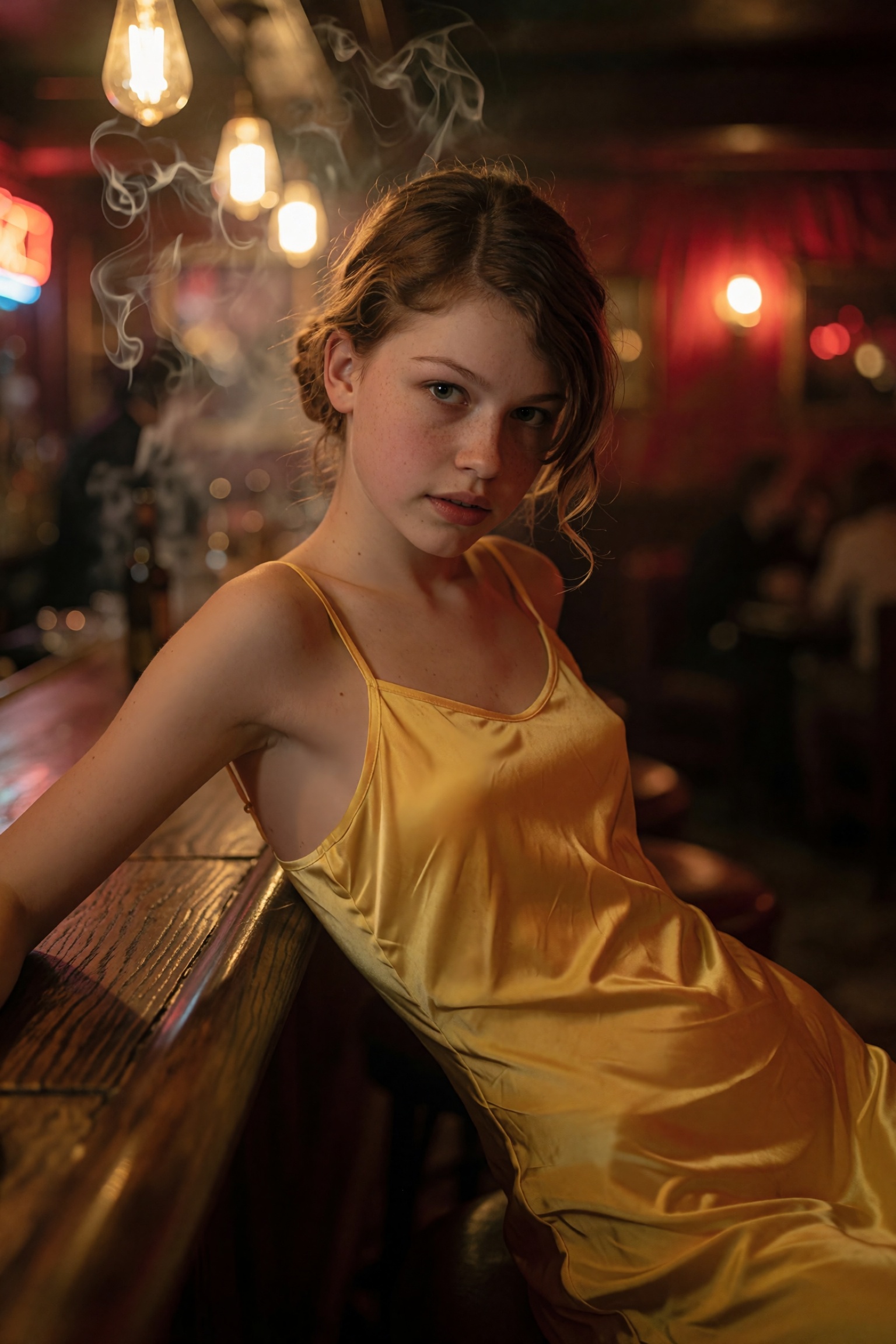 A cinematic close-up portrait of a young honey-blonde woman with a delicate,  almost ephemeral bone structure,  caught in...