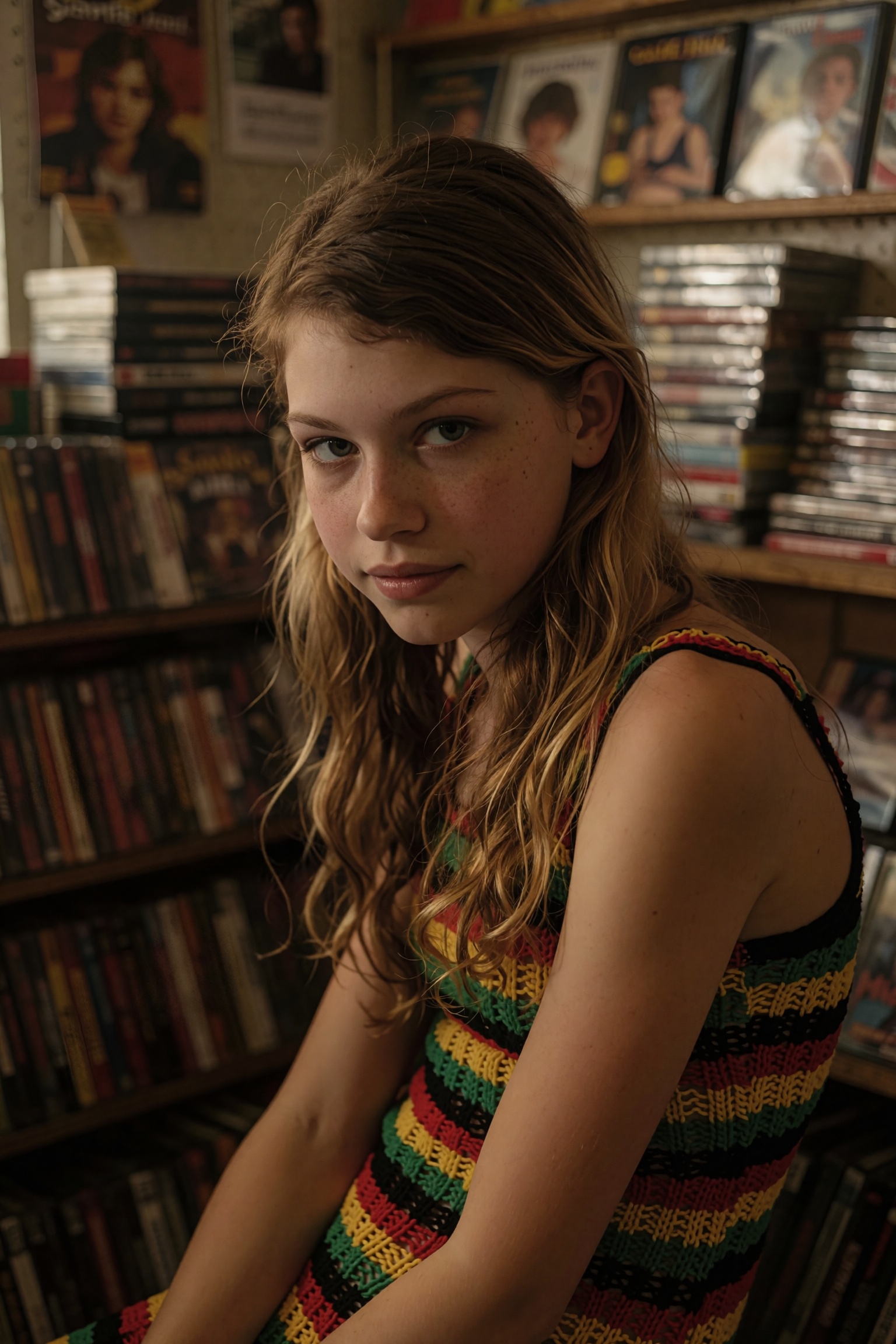 In a warm,  nostalgic filmic style that emphasizes deep shadows and a gentle warmth,  we capture a young woman with sandy...