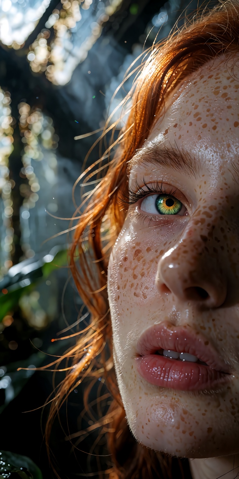 extreme macro portrait framing two-thirds of face,  dynamic high-angle shot,  subtle 15-degree Dutch tilt on Tensor.Art