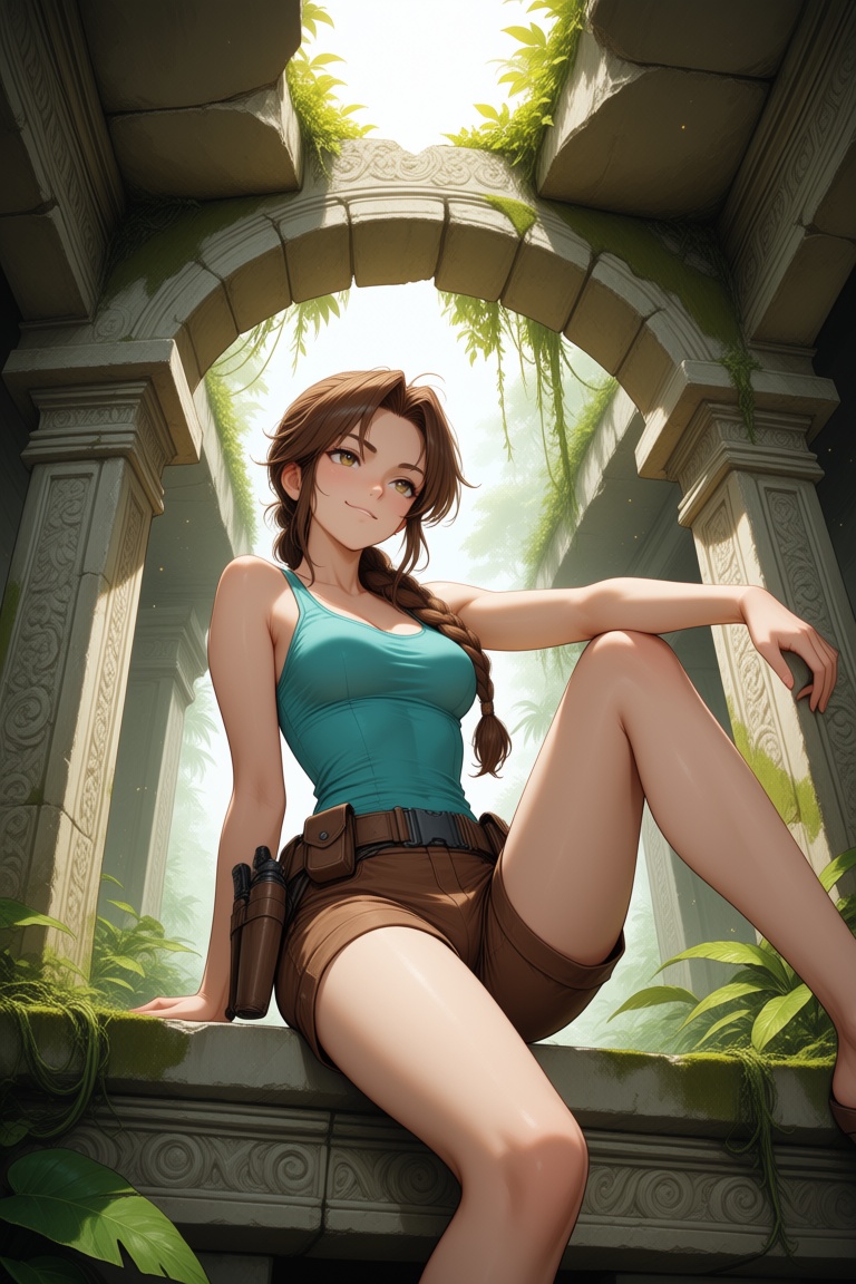 Confident adventurous woman with a long brown braid resting over her shoulder,  wearing a fitted teal **** top,  brown sho...