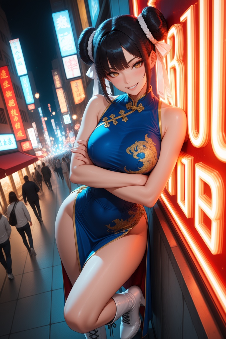 Athletic beautiful woman with dark hair styled in two ox-horn buns wrapped in white silk ribbons,  wearing a fitted blue q...