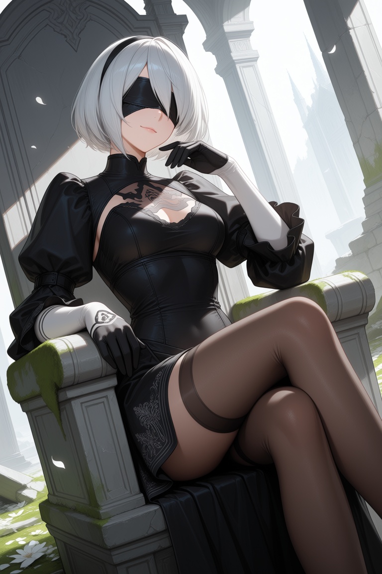 Elegant woman with a short silver-white bob haircut and a black blindfold covering her eyes,  wearing a form-fitting black...