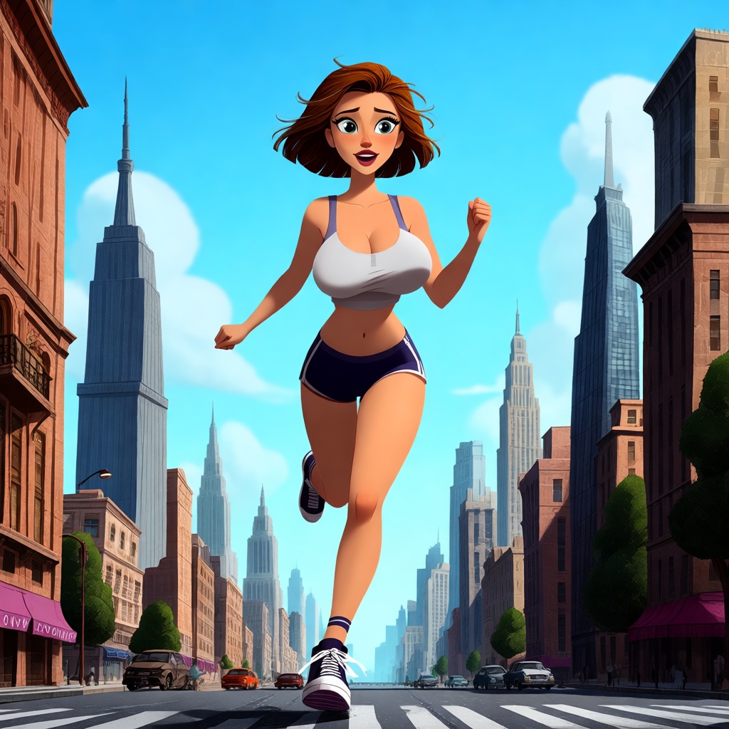 A woman running,  bouncing breasts,  city on Tensor.Art