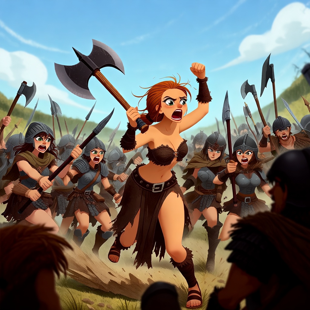 A barbarian woman with a battle axe roars as she tears her way through a hectic battlefield on Tensor.Art