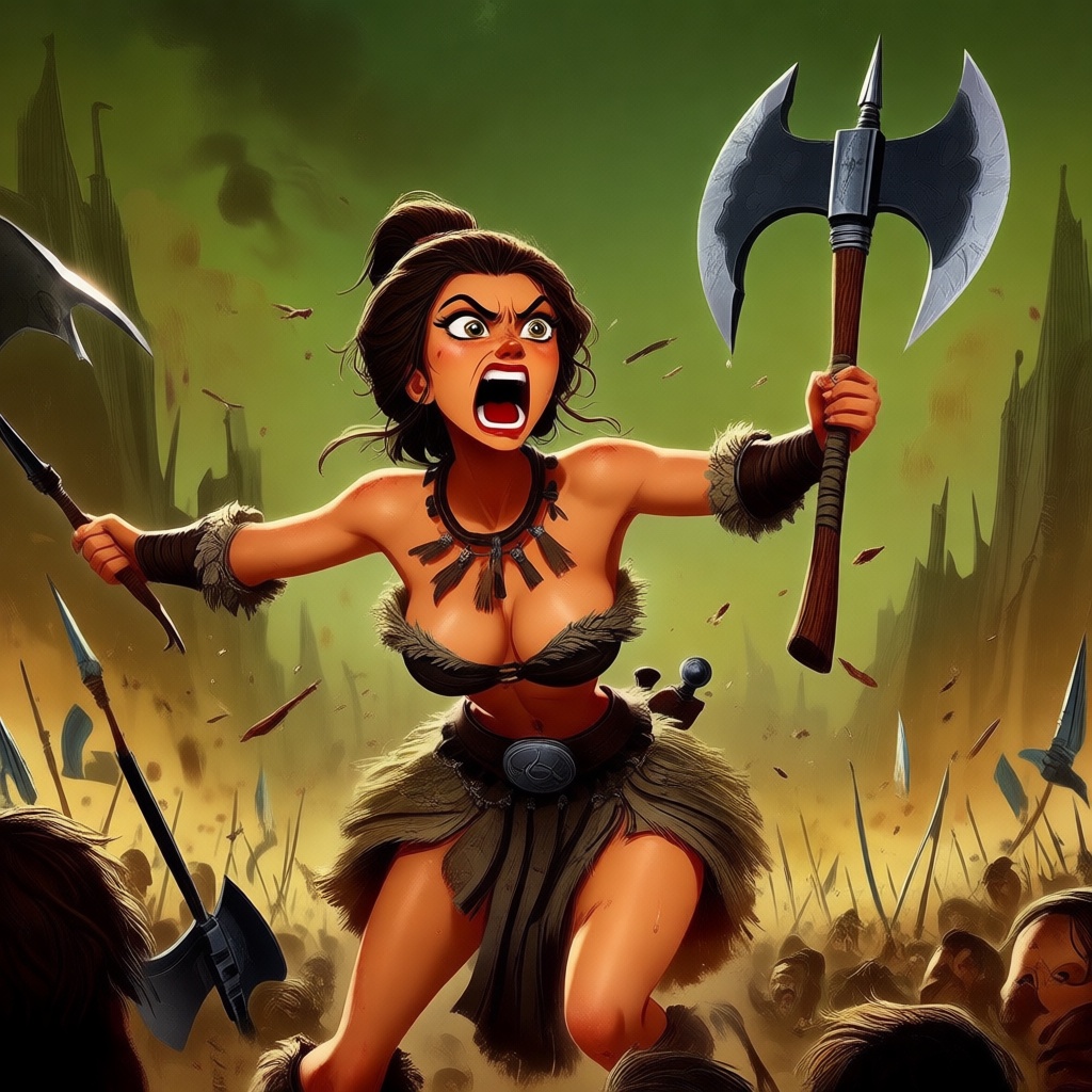 A barbarian woman with a battle axe roars as she tears her way through a hectic battlefield on Tensor.Art