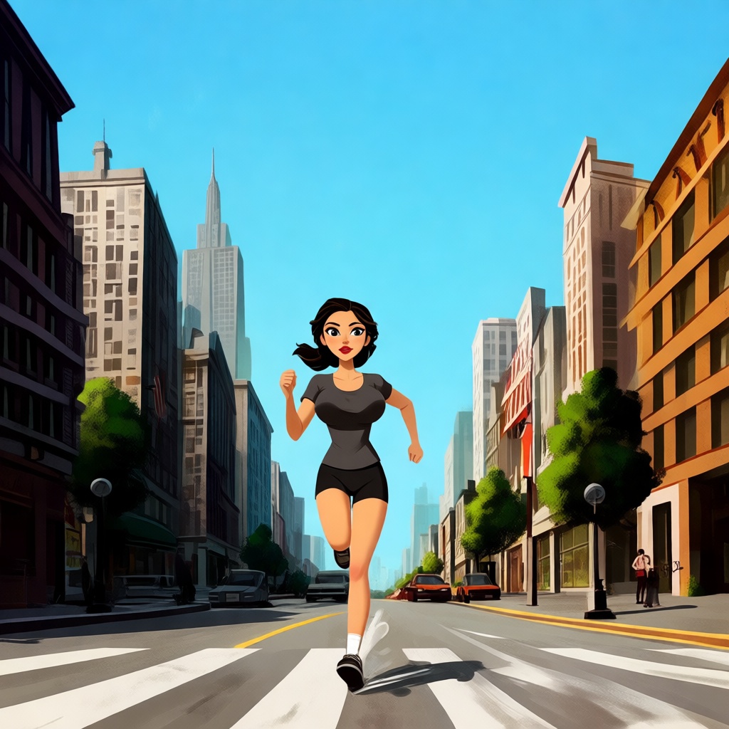 A woman running,  bouncing breasts,  city on Tensor.Art