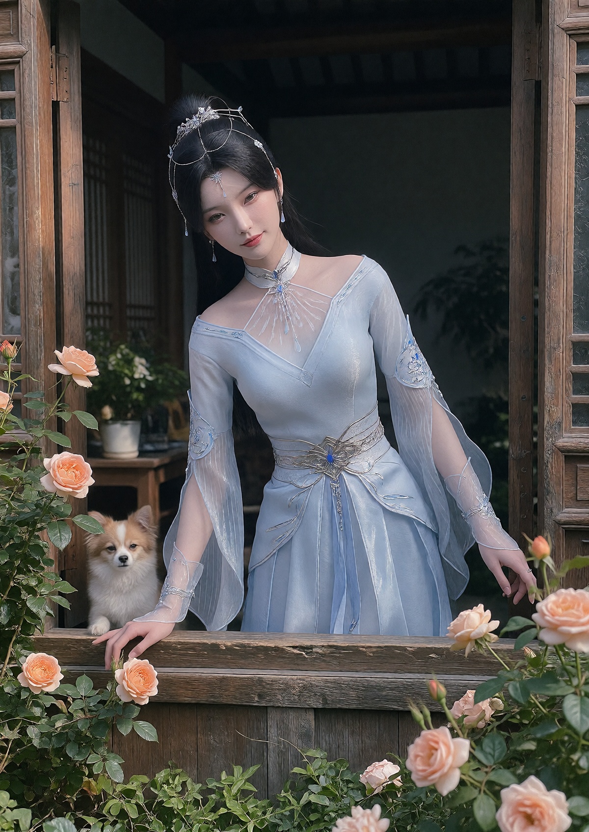A Queen with porcelain skin and a serene expression wears her long,  sleek black hair styled in an elegant high ponytail w...