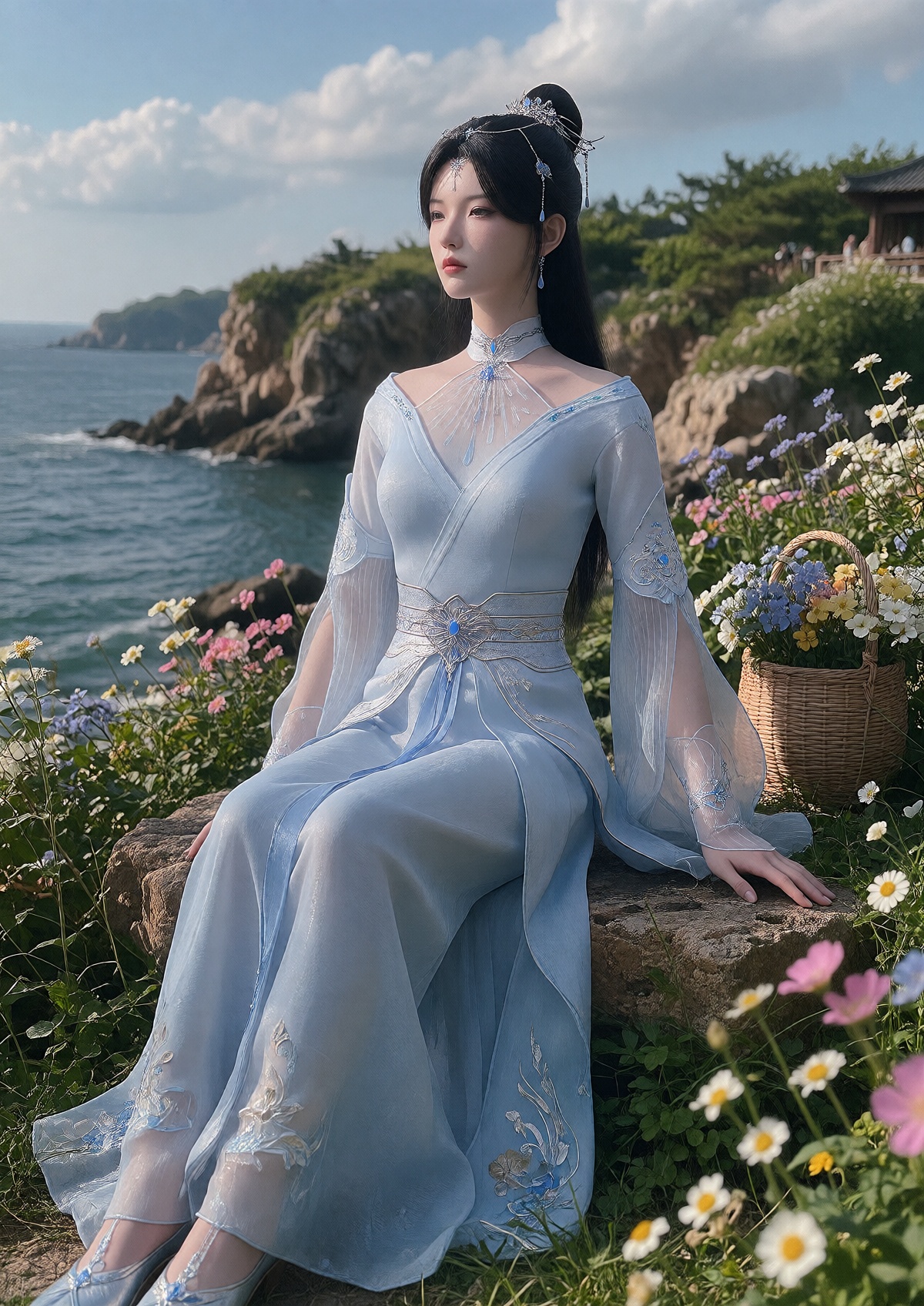 A Queen with porcelain skin and a serene expression wears her long,  sleek black hair styled in an elegant high ponytail w...