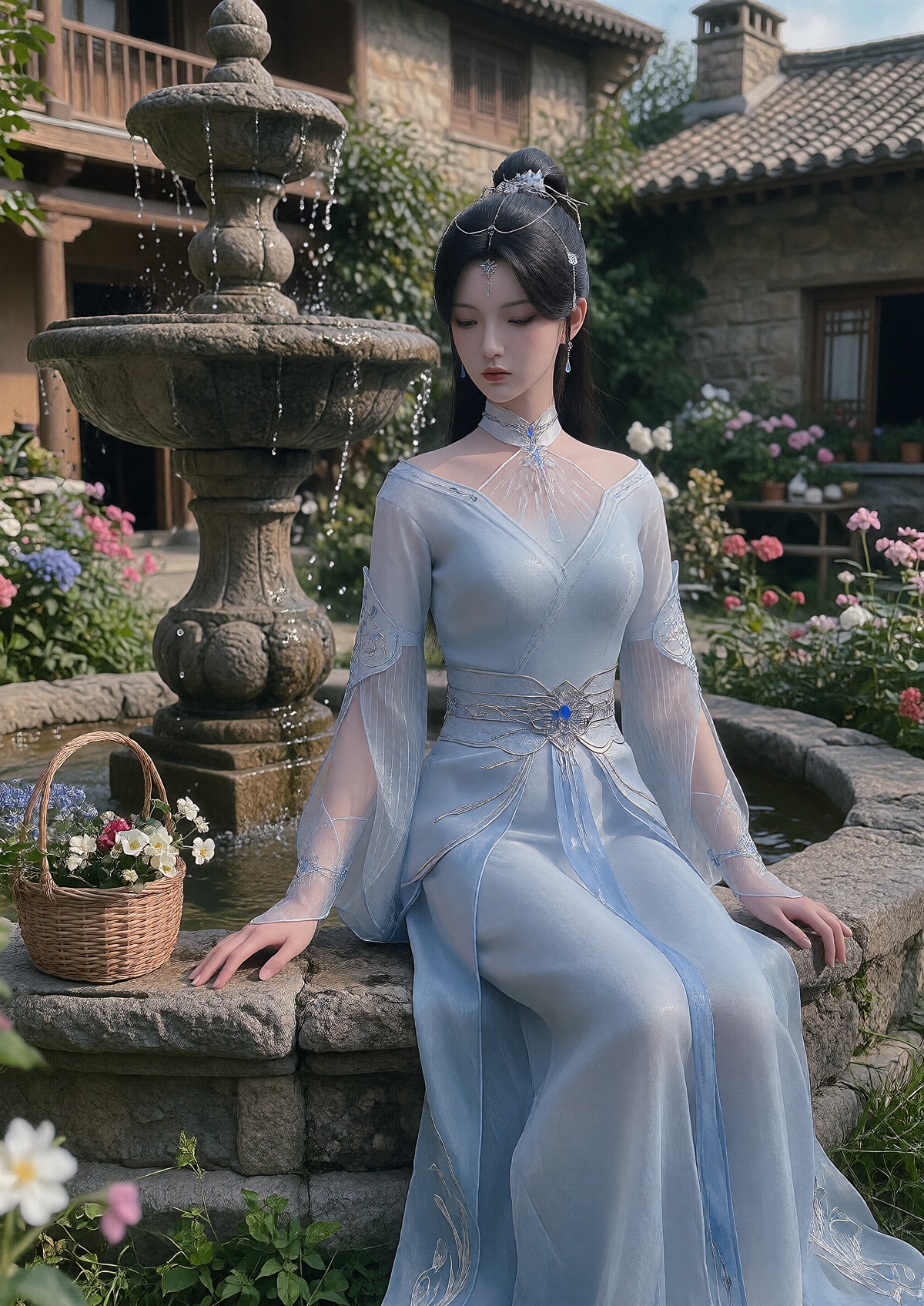 A Queen with porcelain skin and a serene expression wears her long,  sleek black hair styled in an elegant high ponytail w...
