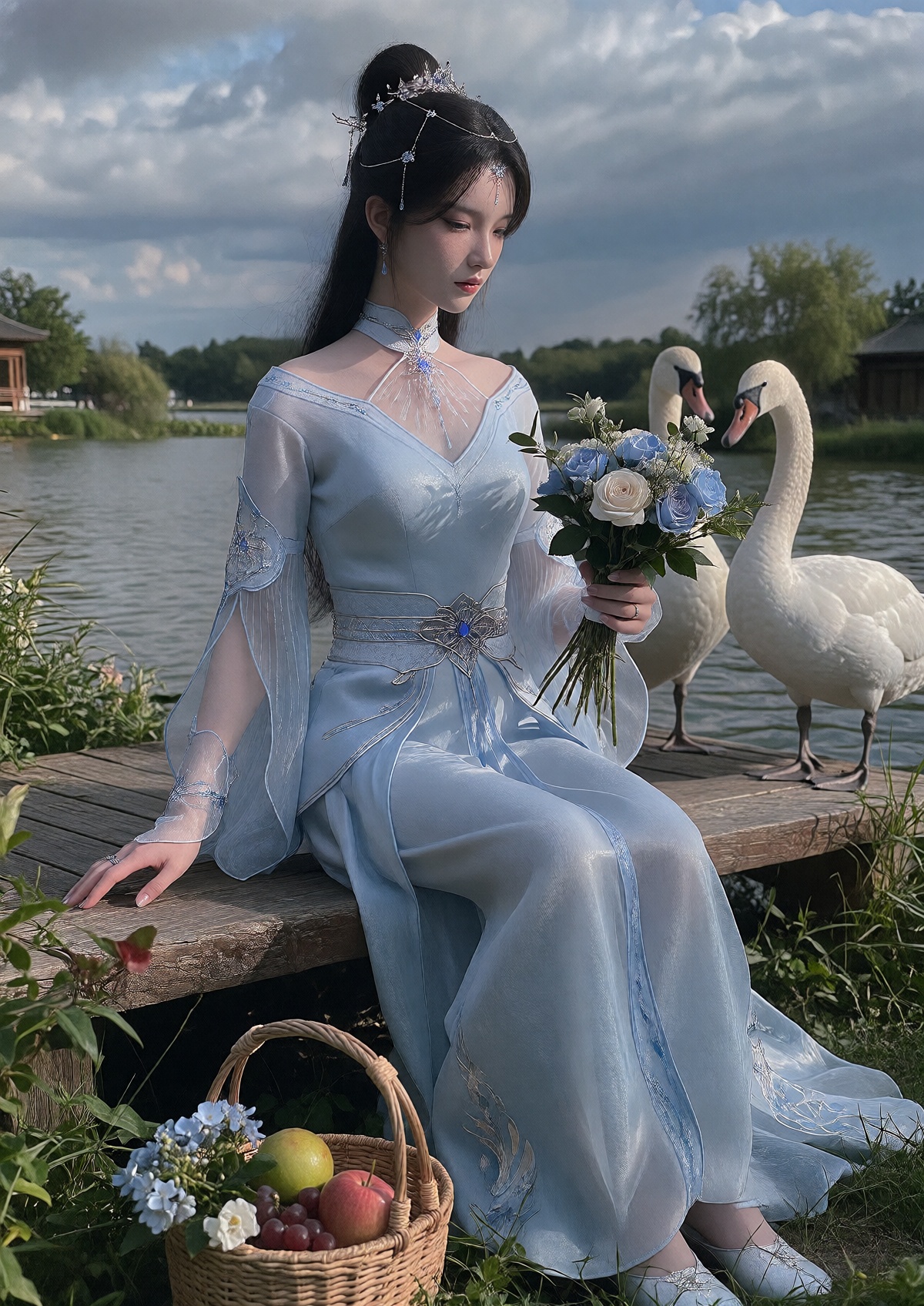 A Queen with porcelain skin and a serene expression wears her long,  sleek black hair styled in an elegant high ponytail w...