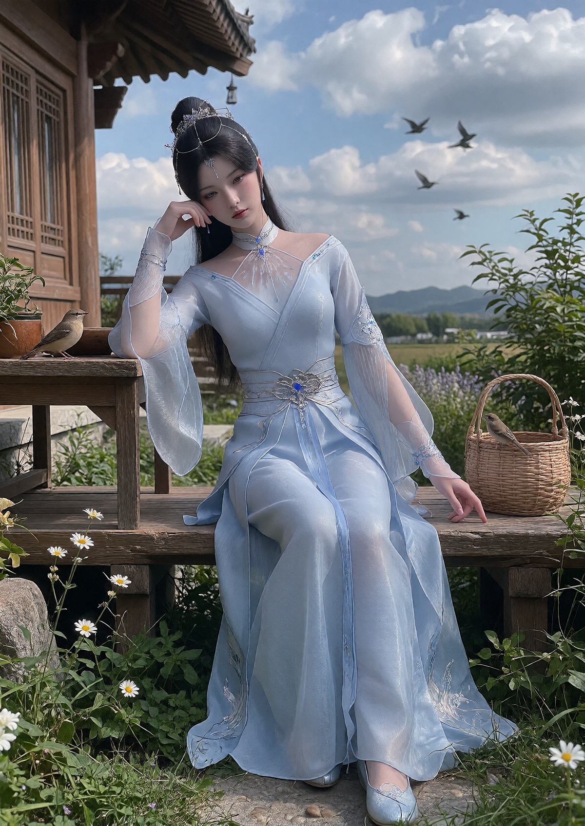 A Queen with porcelain skin and a serene expression wears her long,  sleek black hair styled in an elegant high ponytail w...