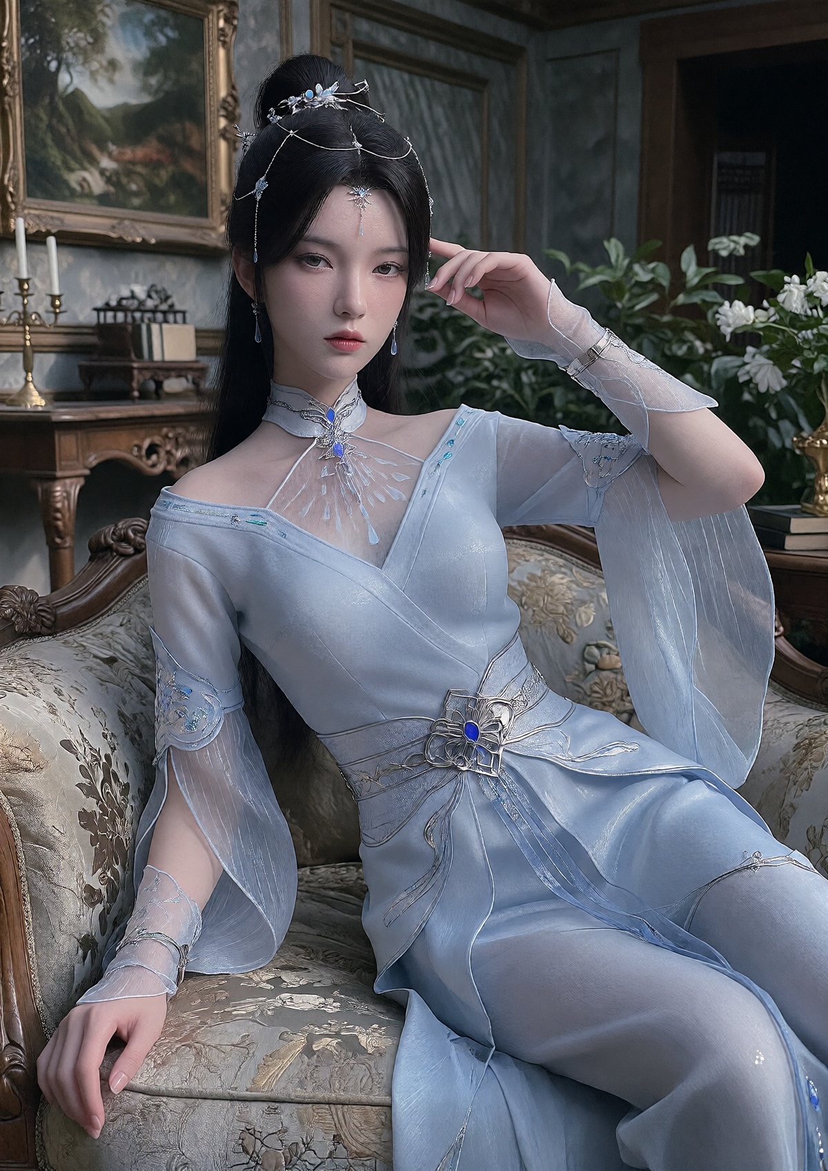 A Queen with porcelain skin and a serene expression wears her long,  sleek black hair styled in an elegant high ponytail w...