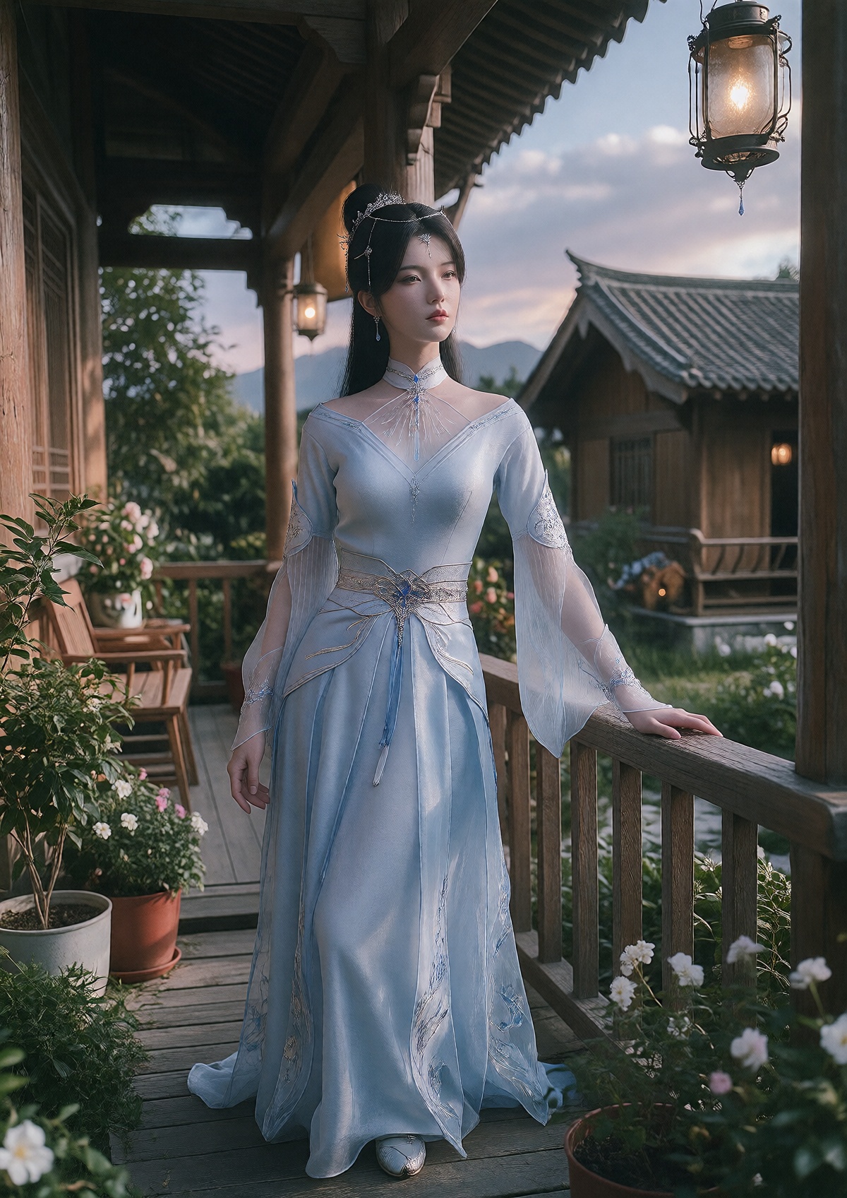 A Queen with porcelain skin and a serene expression wears her long,  sleek black hair styled in an elegant high ponytail w...
