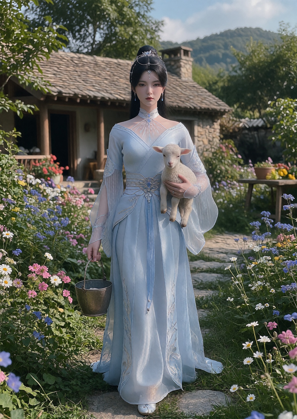 A Queen with porcelain skin and a serene expression wears her long,  sleek black hair styled in an elegant high ponytail w...