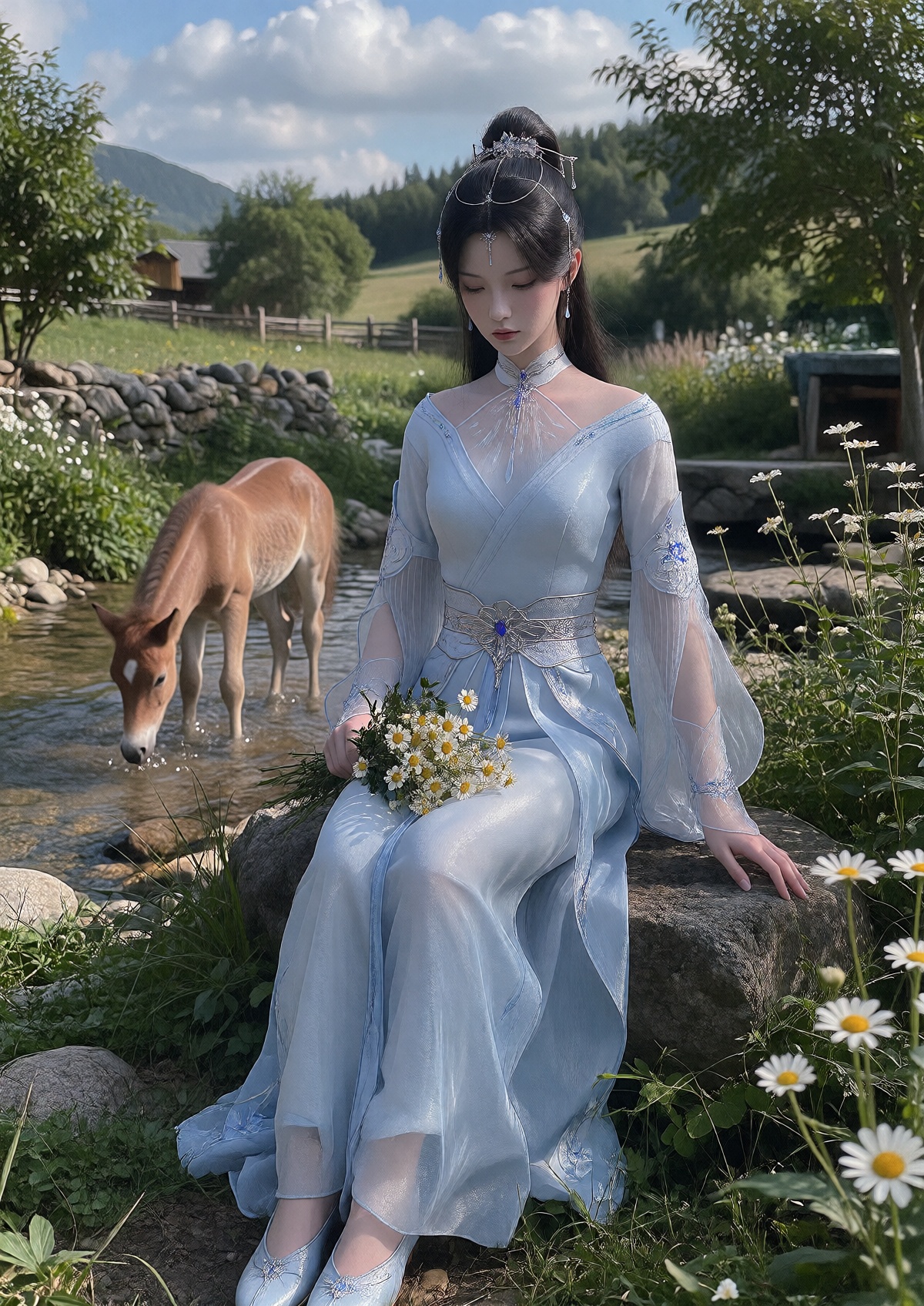 A Queen with porcelain skin and a serene expression wears her long,  sleek black hair styled in an elegant high ponytail w...