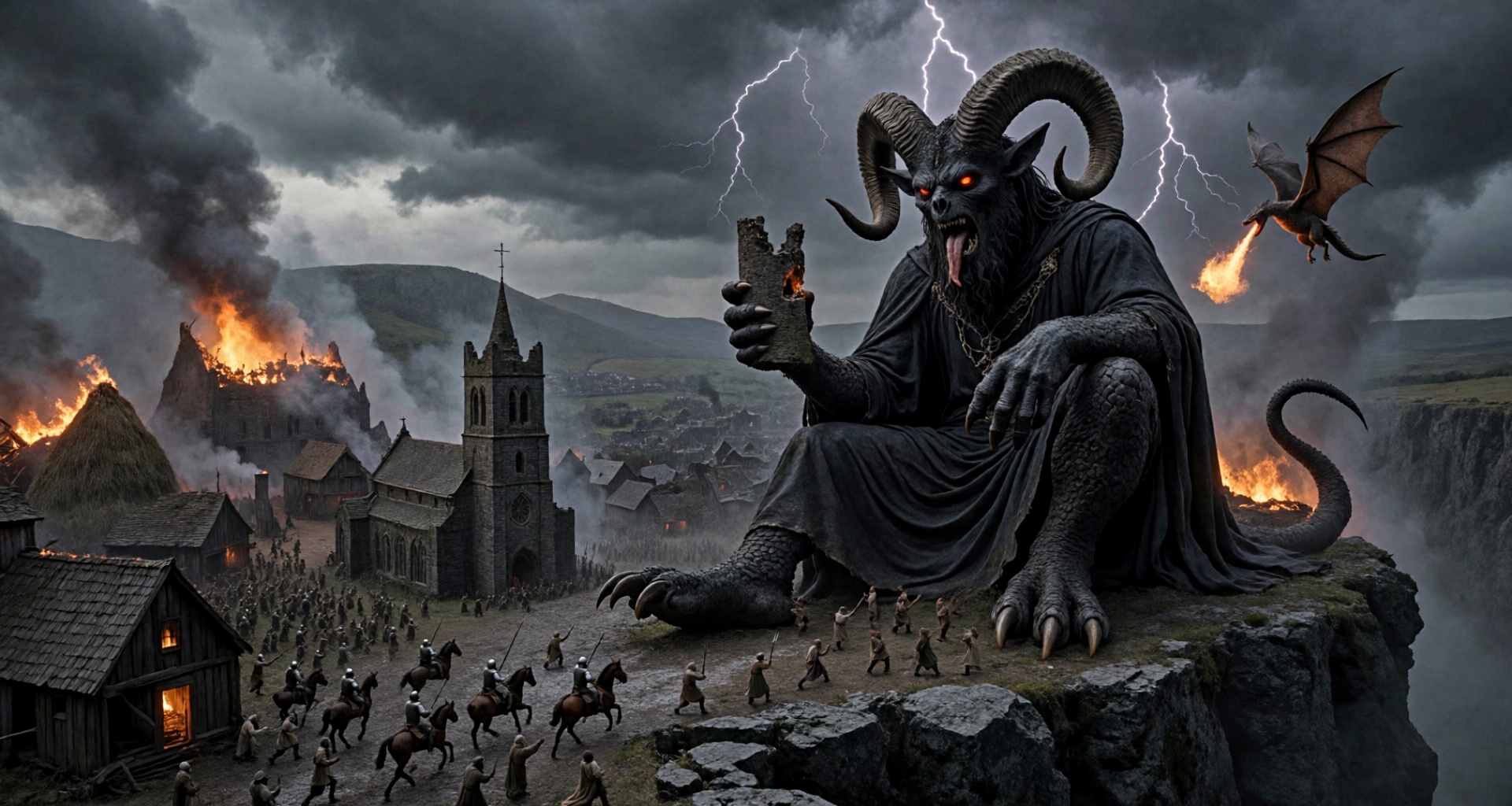 A towering demon lord with obsidian-black skin,  massive curved ram horns,  and glowing crimson eyes sits cross-legged on...