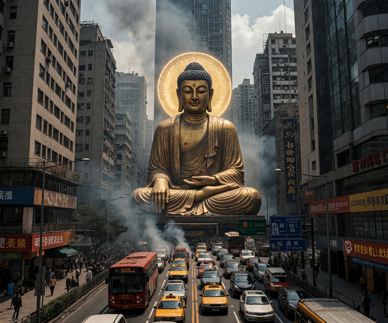 A photorealistic image of a living,  colossal Buddha statue stuck in a dense,  chaotic traffic jam on a narrow on Tensor.Art