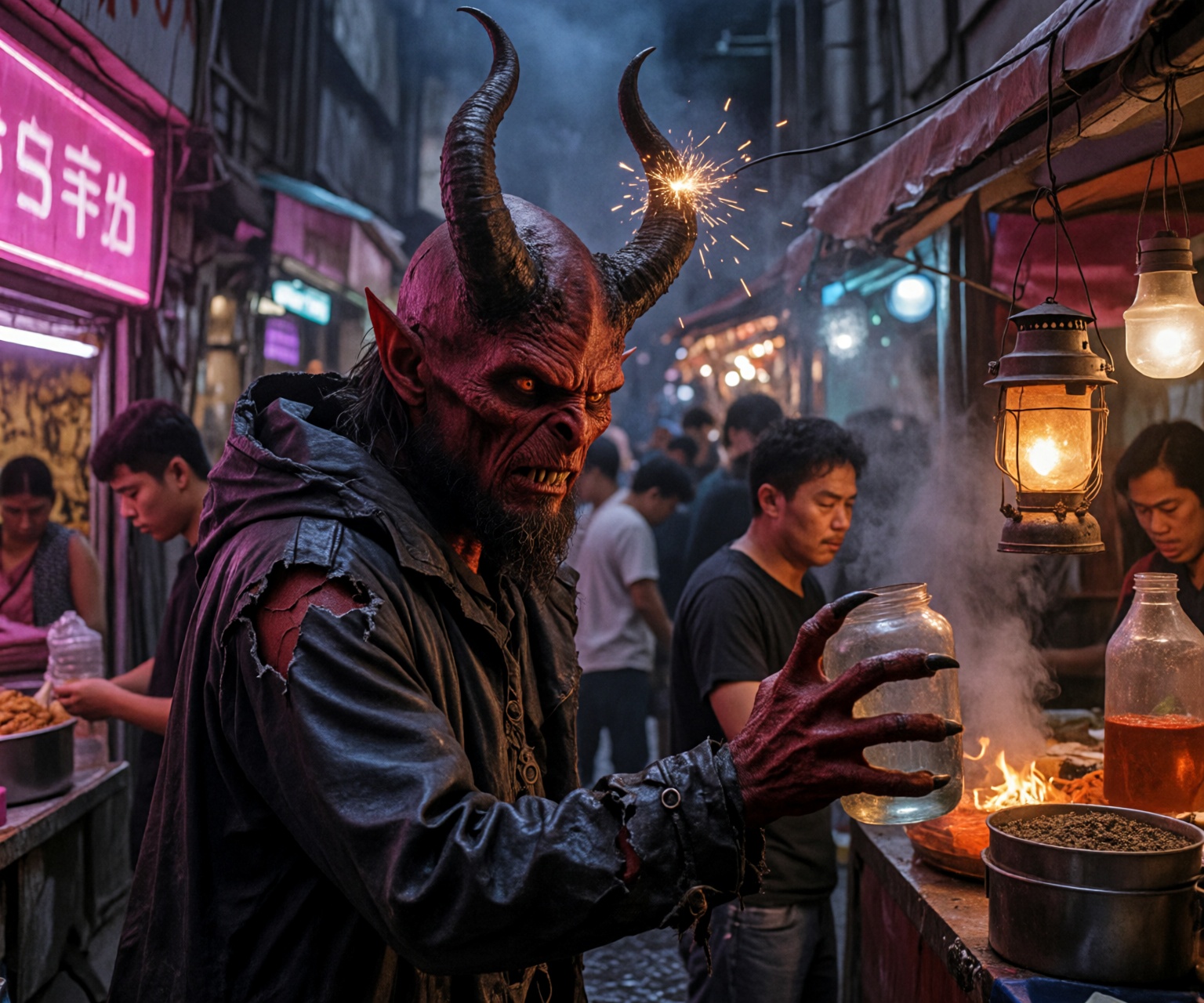 A photorealistic image of a towering demon lord with crimson skin and curved black horns,  squeezed into a highly crowded,...