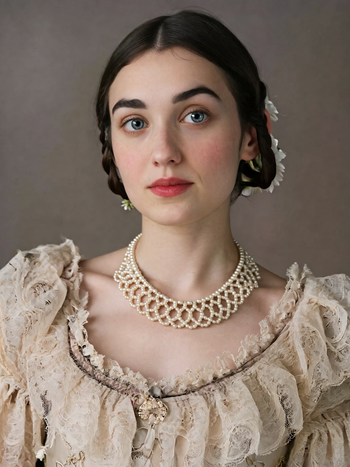 A close up portrait captures an attractive early twenties woman looking directly forward with a composed expression,  exem...
