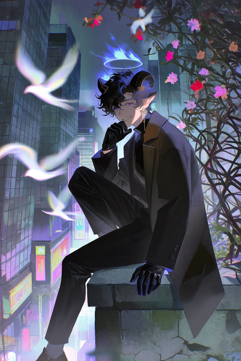 FggRn,  A mysterious young man sits sideways on the edge of a rooftop garden,  framed by towering glass buildings and tang...
