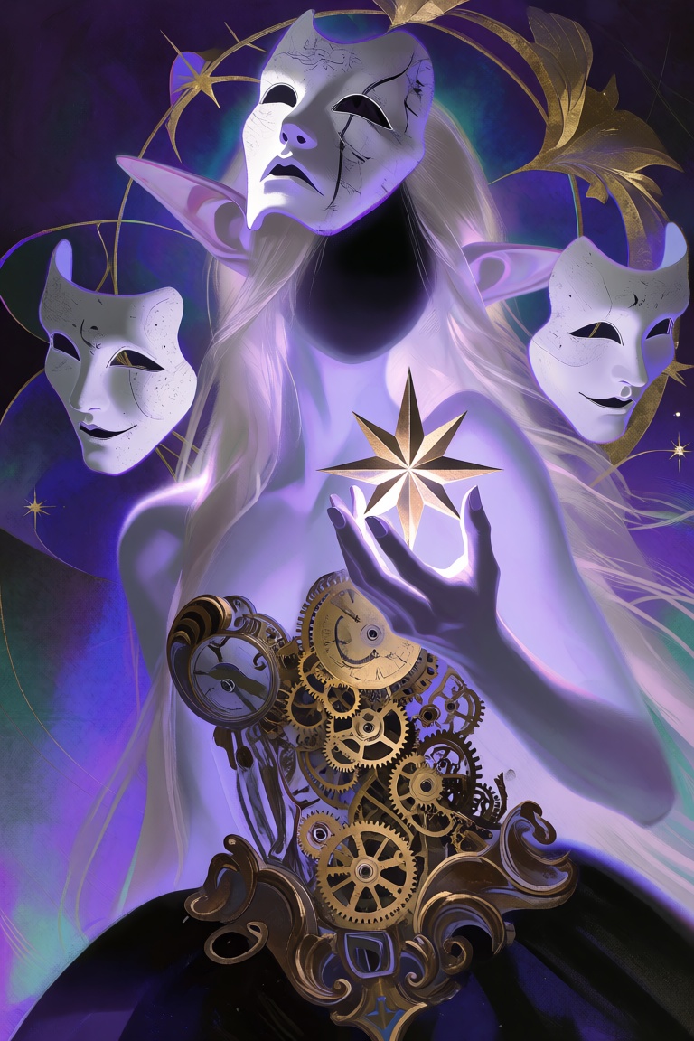 FggRn,  Ethereal surreal portrait of a tall pale lavender humanoid with elongated elven ears and long flowing platinum hai...