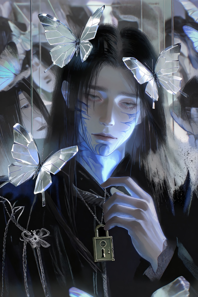 FggRn A close portrait of a pale young man surrounded by translucent butterflies whose wings resemble fragments of frozen...
