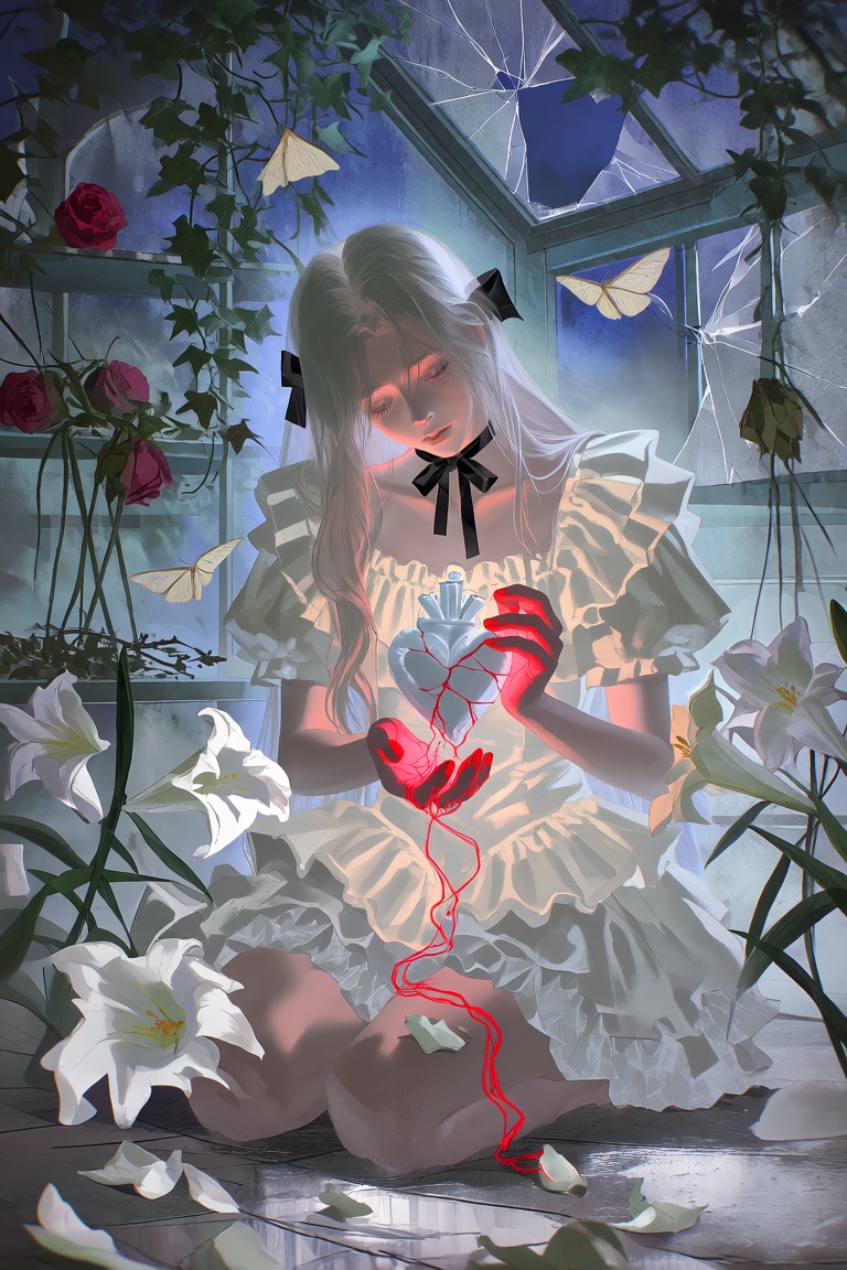 FggRn,  Kneeling young woman in a moonlit greenhouse cradles a cracked porcelain heart leaking luminous crimson threads,...