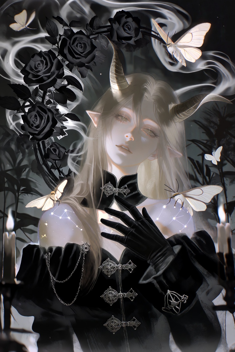 FggRn A pale young woman is shown from the waist up,  framed by a crescent-shaped arch of black roses and drifting silver...