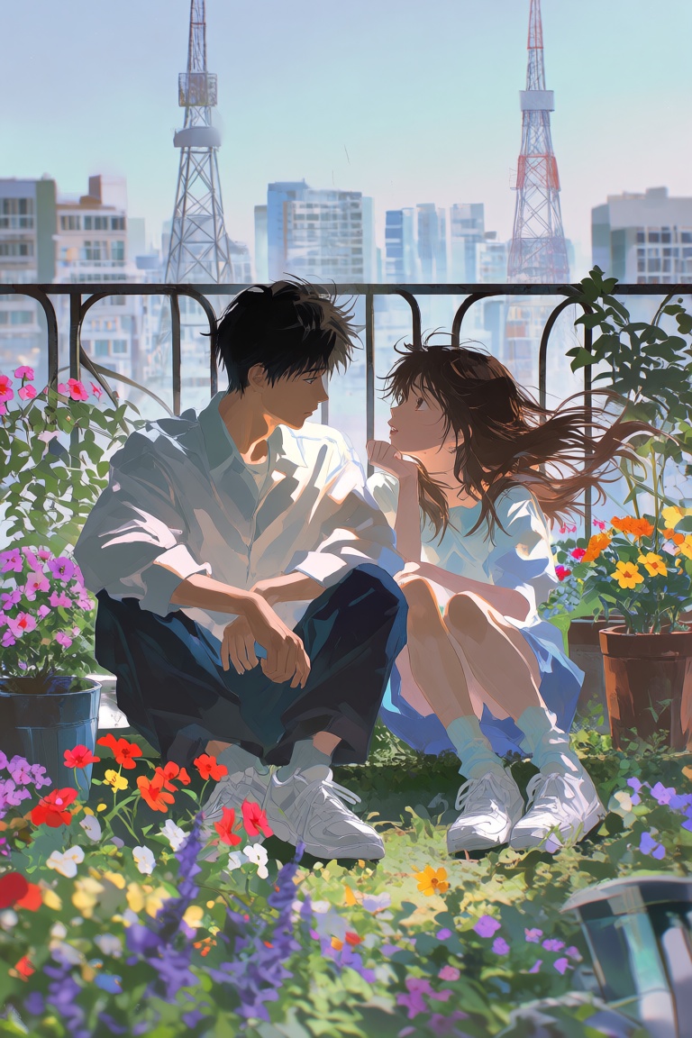 FggRn,  A young man and a woman are seated in a rooftop garden. The scene features a mix of flowers,  potted plants on Ten...