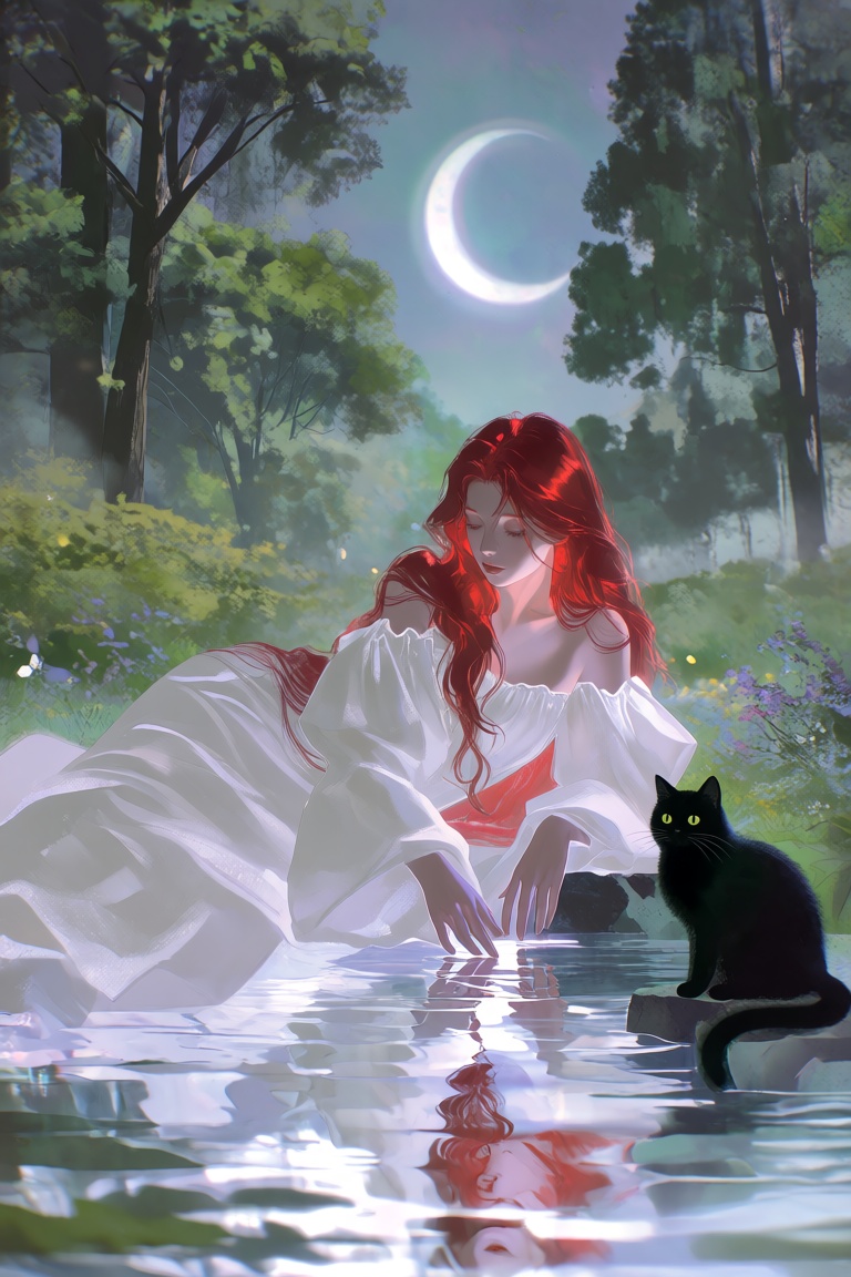 FggRn,  The image portrays a serene,  mystical scene with a woman in a flowing white gown lying on her stomach over water....