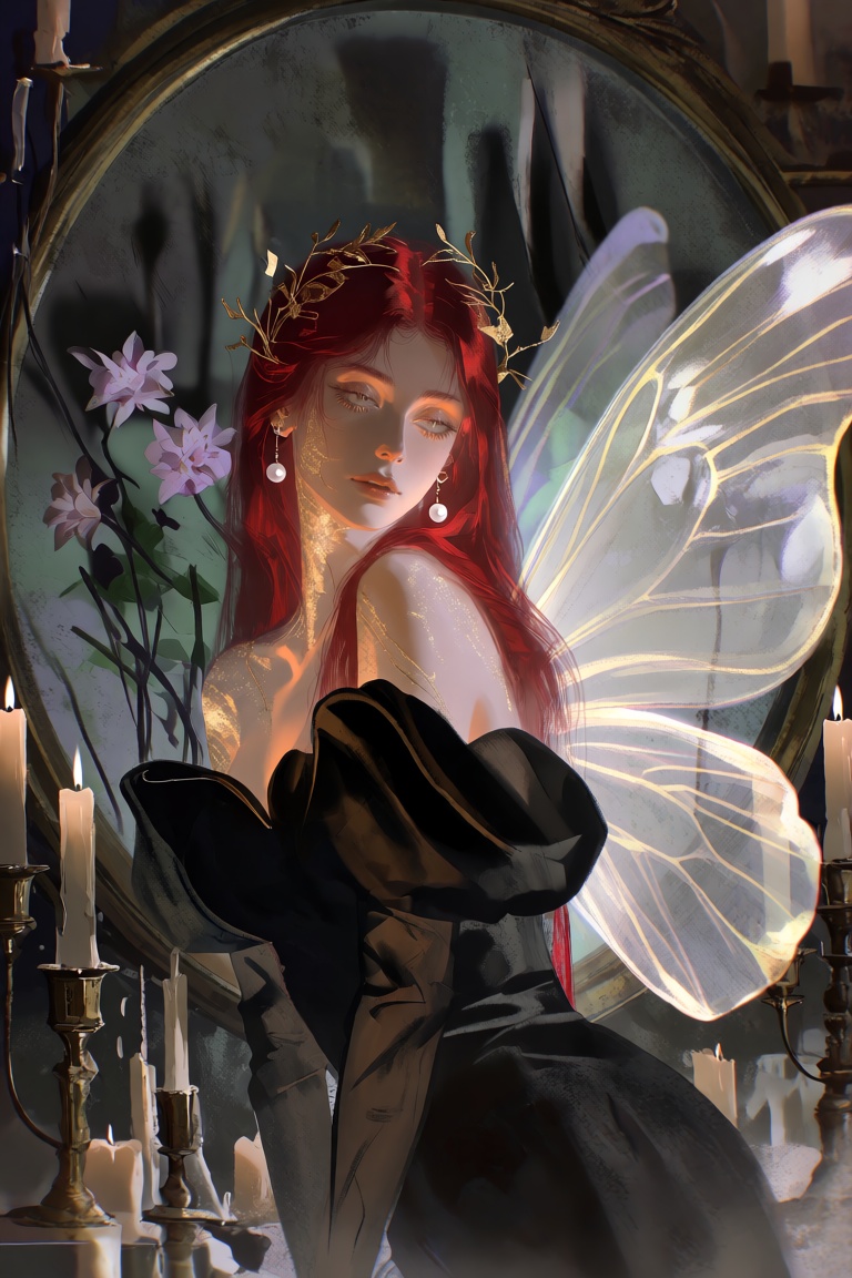 FggRn A waist-up portrait of a woman with long crimson hair and delicate translucent wings,  standing before an enormous c...
