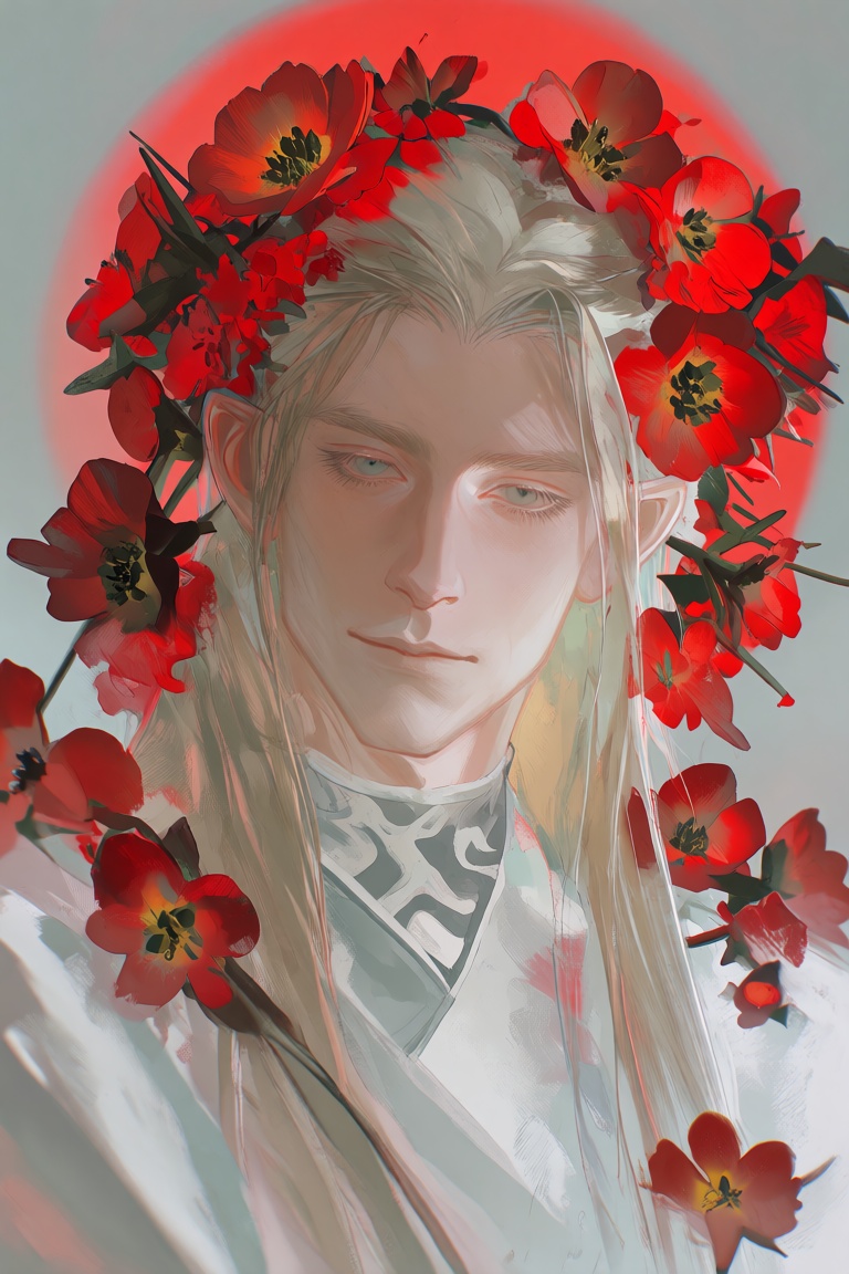 FggRn A man with long,  light-colored hair and pointed ears,  which may indicate his belonging to the elven people. He is...