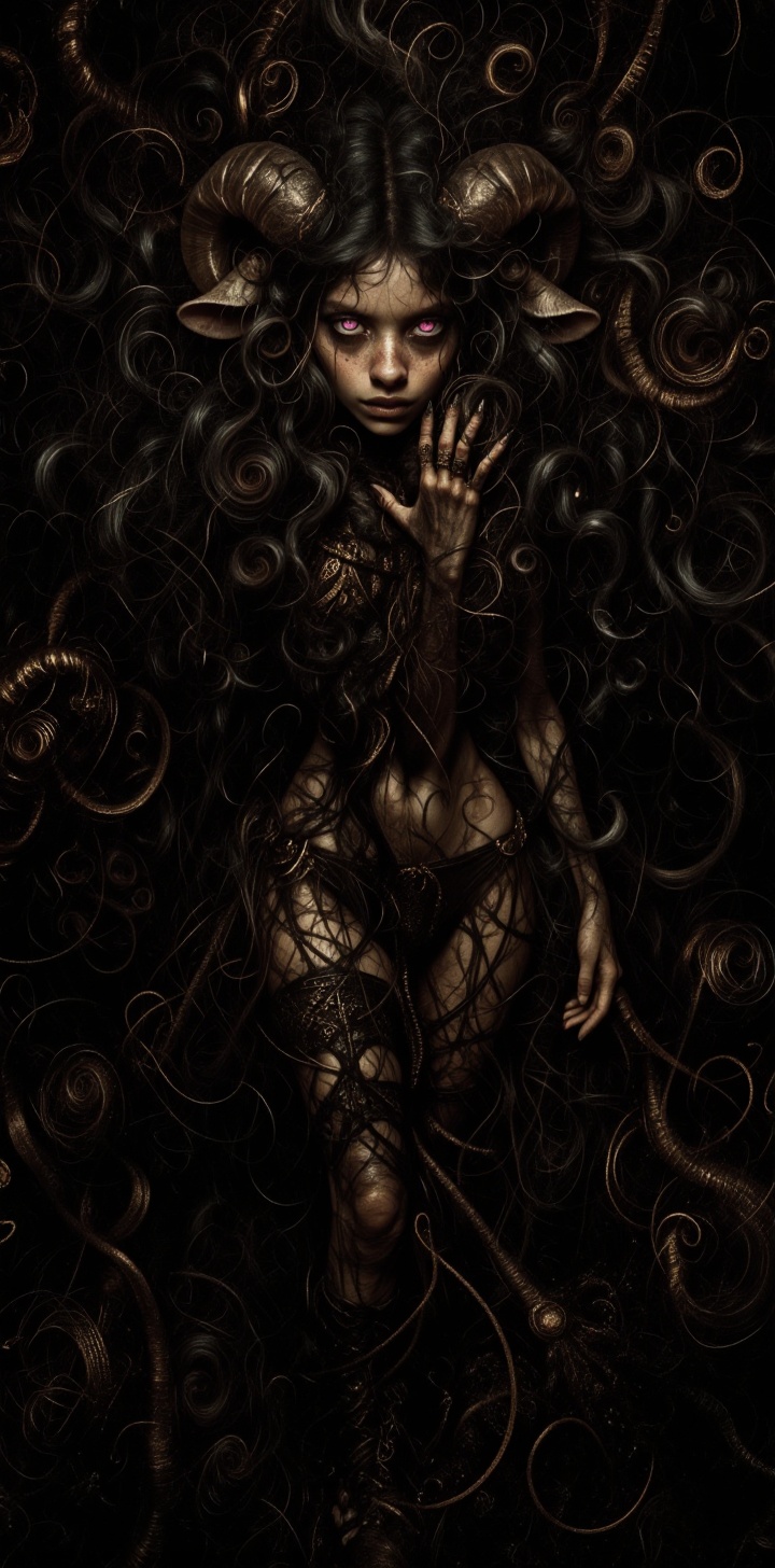 @Mirabelle a young anthropomorphic sheep woman with thick lush black curly hair,  large alluring pink eyes,  pale skin cov...