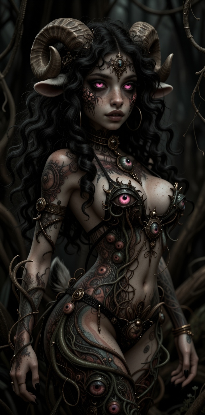 @Mirabelle a young anthropomorphic sheep woman with thick lush black curly hair,  large alluring pink eyes,  pale skin cov...