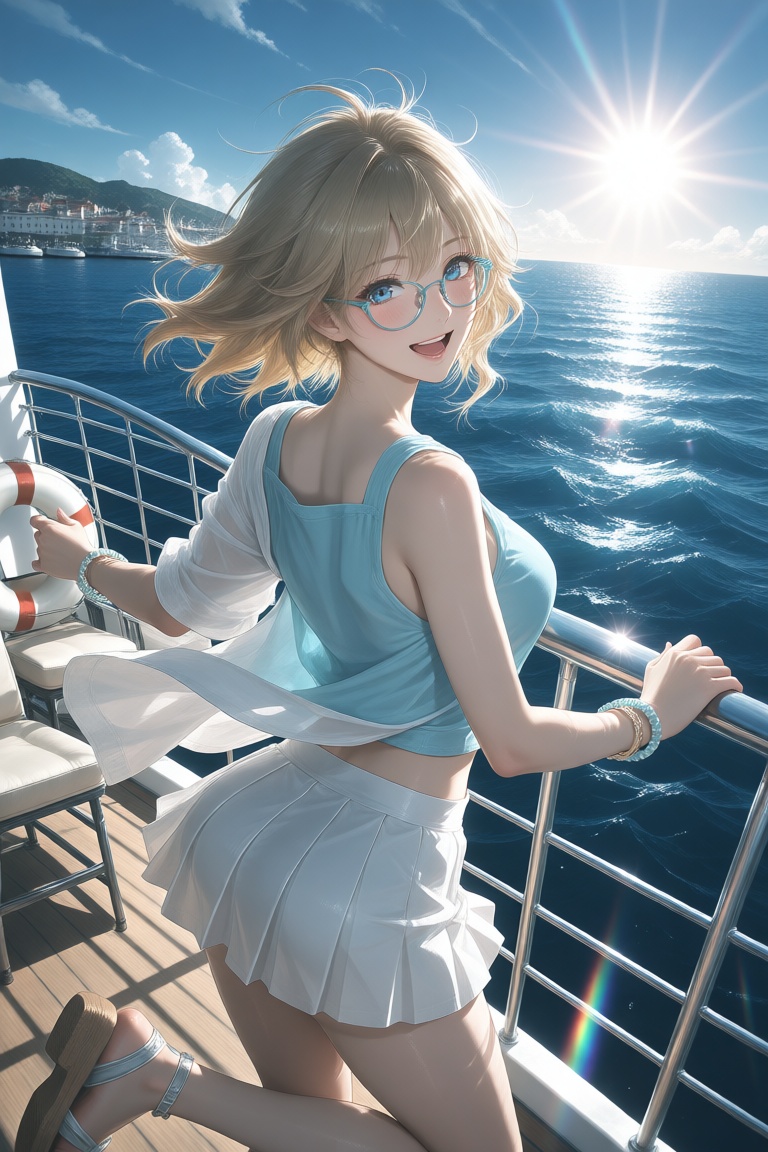 A vivid anime-illustration capturing a playful young woman with windswept,  messy blonde hair in a dynamic,  high-angle th...