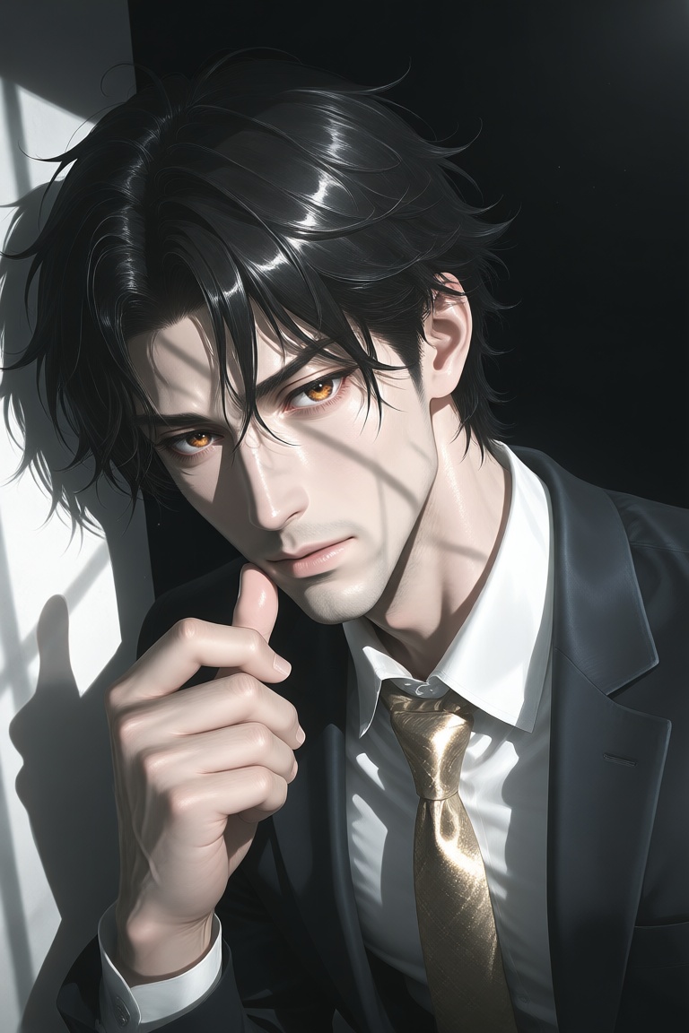A vivid anime-illustration,  a striking man with ethereal,  amber-colored eyes that pierce through a veil of mystery on Te...