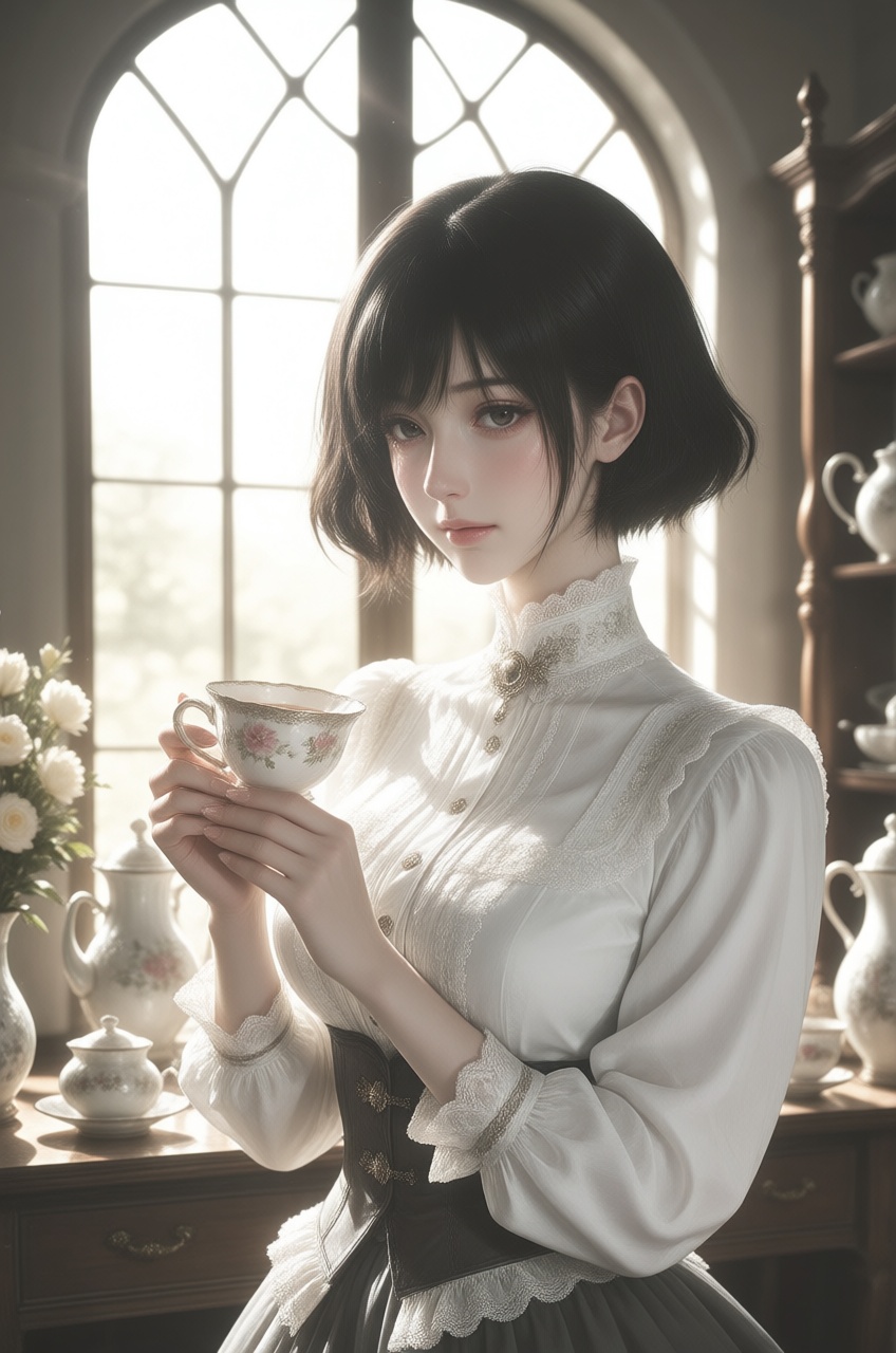 A vivid anime-illustration,  A elegant young woman with short black hair standing gracefully indoors near a large arched w...