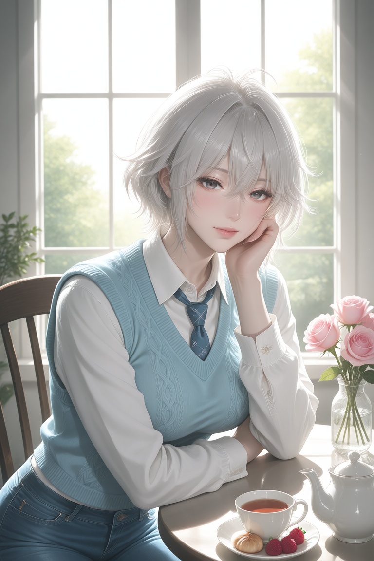 A vivid anime-illustration,  A woman with short messy platinum hair and delicate facial features sits thoughtfully at a ta...