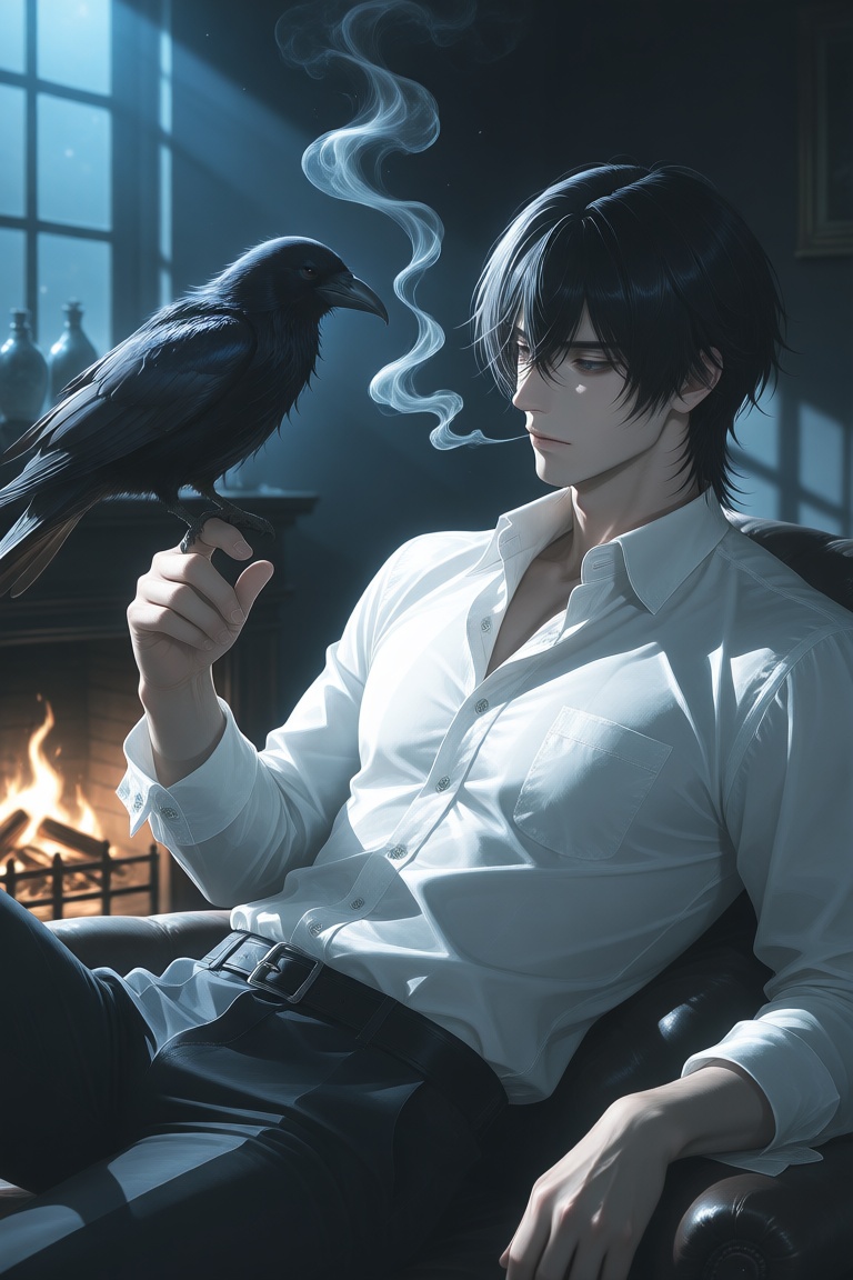 A vivid anime-illustration An elegantly composed portrait captures a young man exuding a quiet,  gothic sophistication as...
