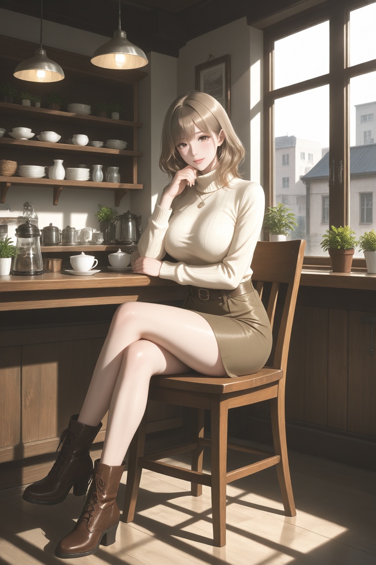 A vivid anime-illustration,  A woman with shoulder length light brown hair and soft bangs sits gracefully on a wooden chai...