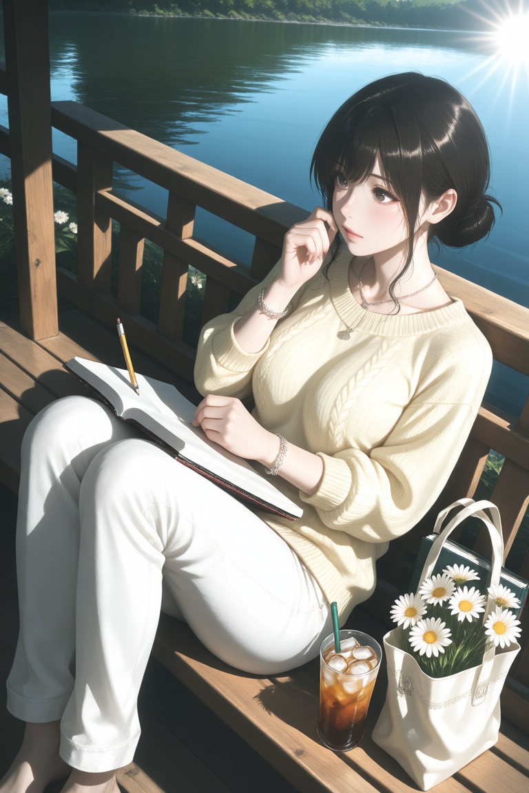 A vivid anime-illustration featuring a young woman with dark hair tucked behind her ears and round frames,  sitting curled...