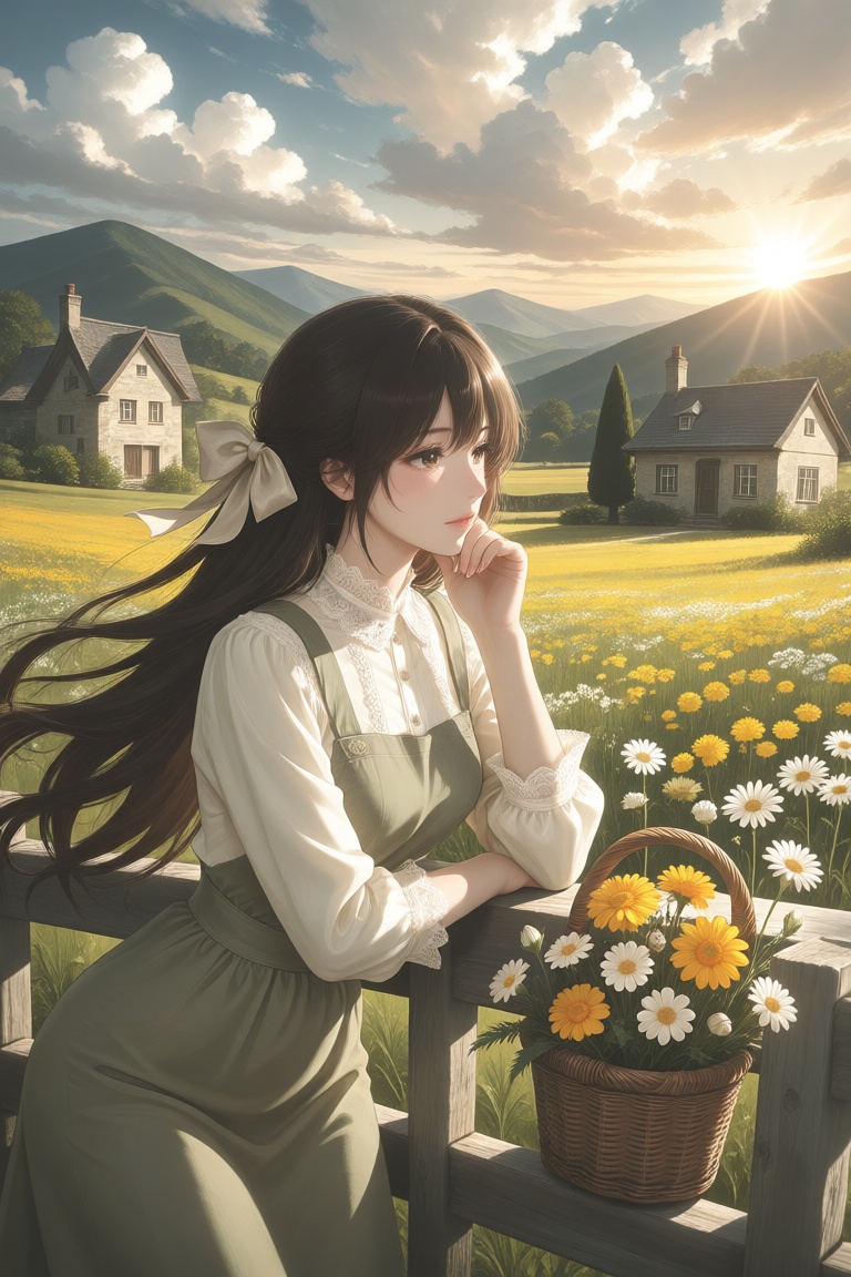 A vivid anime-illustration depicts a young woman with long,  flowing dark brown hair tied with a light-colored bow,  leani...