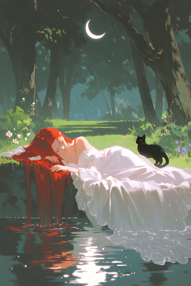 FggRn,  The image portrays a serene,  mystical scene with a woman in a flowing white gown lying on her stomach over water....