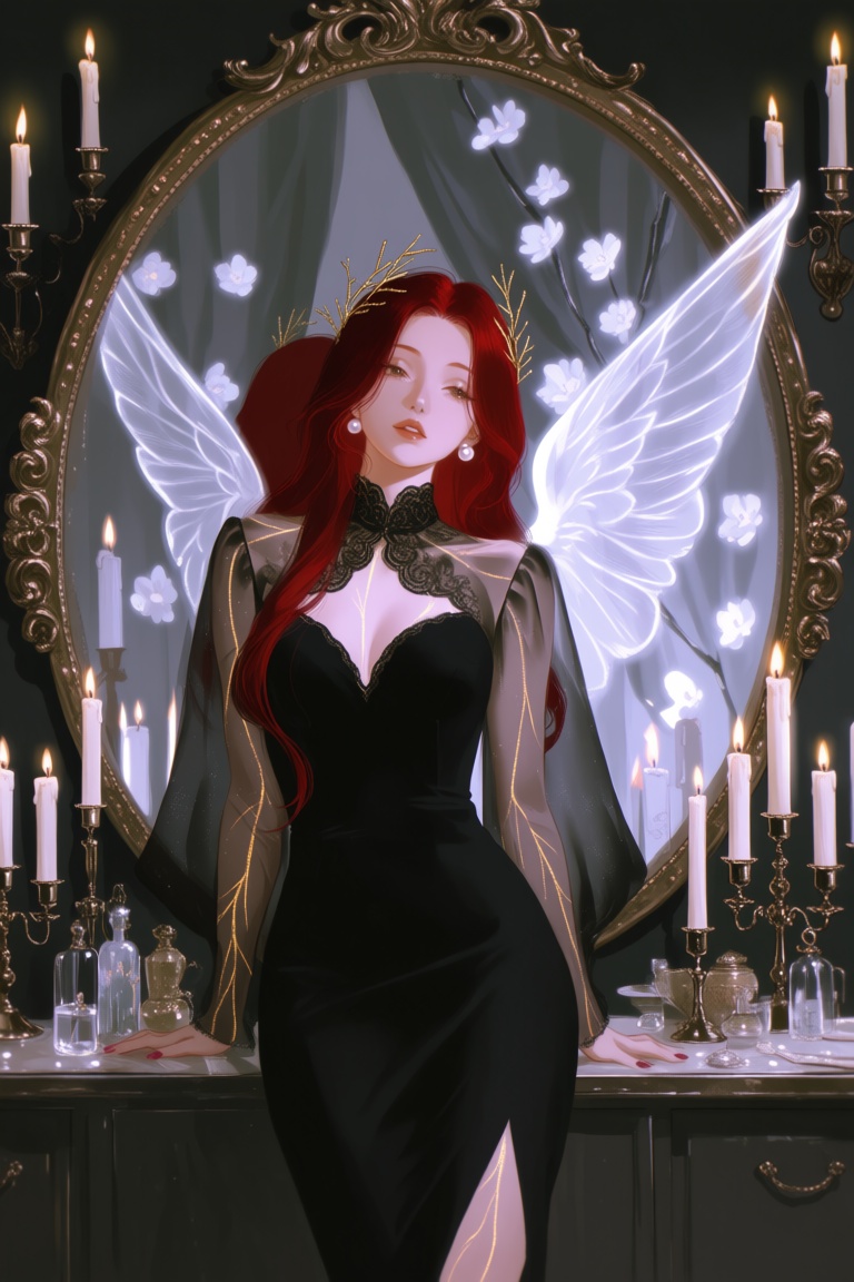 FggRn,  A waist-up portrait of a woman with long crimson hair and delicate translucent wings,  standing before an enormous...