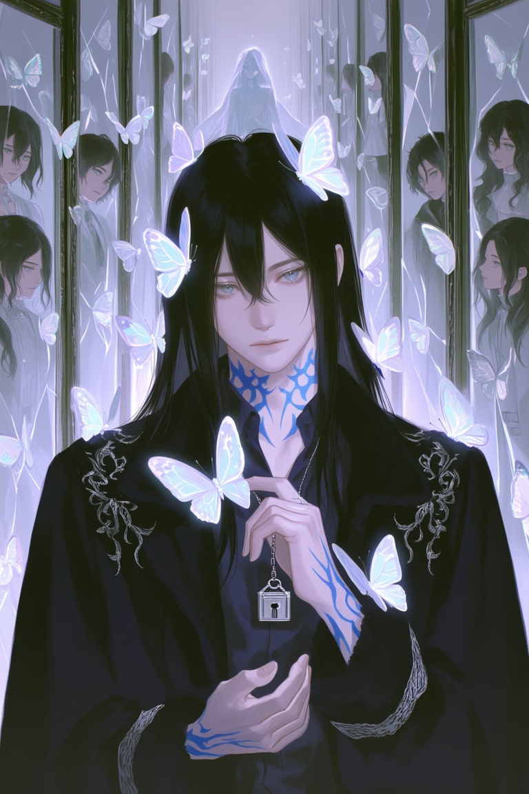 FggRn,  A close portrait of a pale young man surrounded by translucent butterflies whose wings resemble fragments of froze...