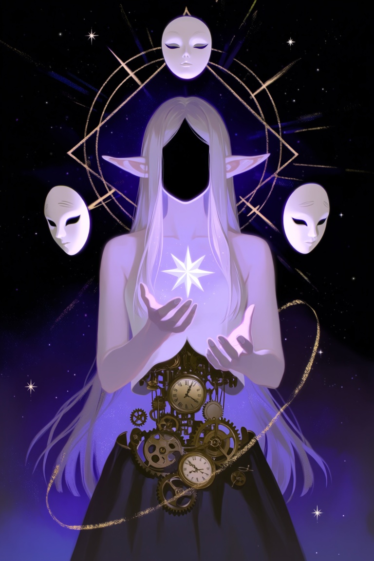 FggRn,  Ethereal surreal portrait of a tall pale lavender humanoid with elongated elven ears and long flowing platinum hai...